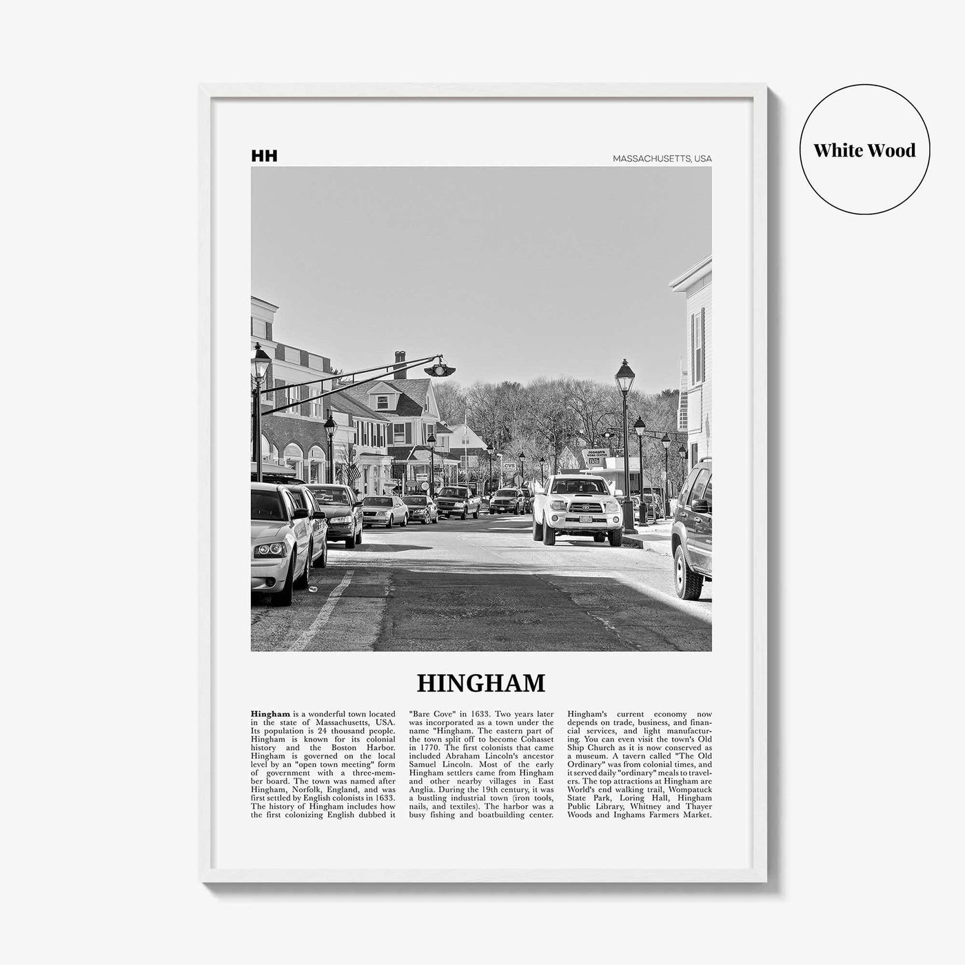 Hingham Print Black and White, Hingham Wall Art, Hingham Poster, Hingham Photo, Hingham Map, Hingham Wall Decor, Massachusetts, USA
