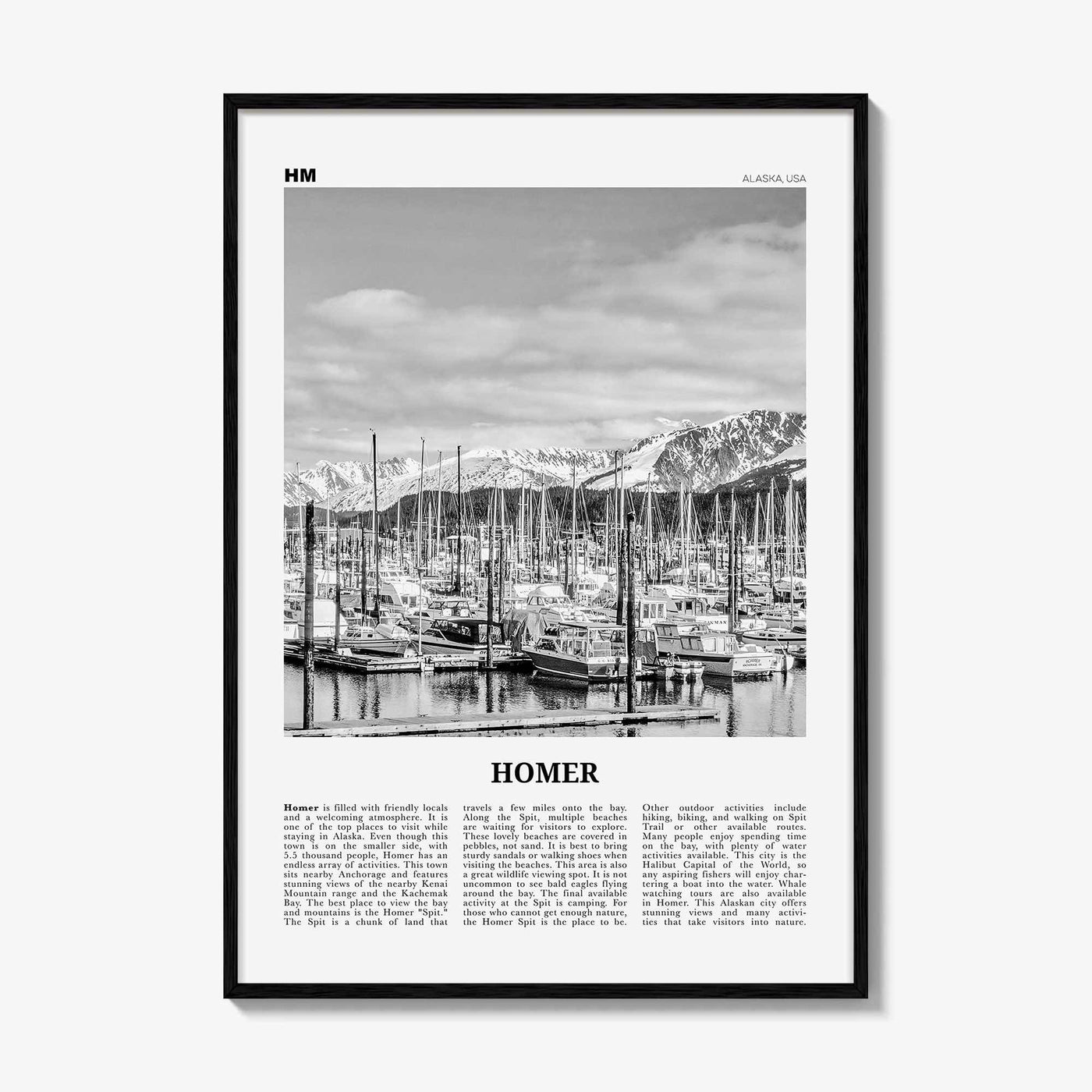 Homer Print Black and White, Homer Wall Art, Homer Poster, Homer Photo, Homer Wall Décor, Homer Map, Alaska, USA