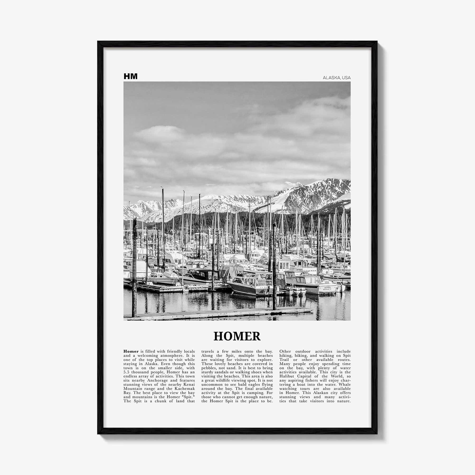 Homer Print Black and White, Homer Wall Art, Homer Poster, Homer Photo, Homer Wall Décor, Homer Map, Alaska, USA