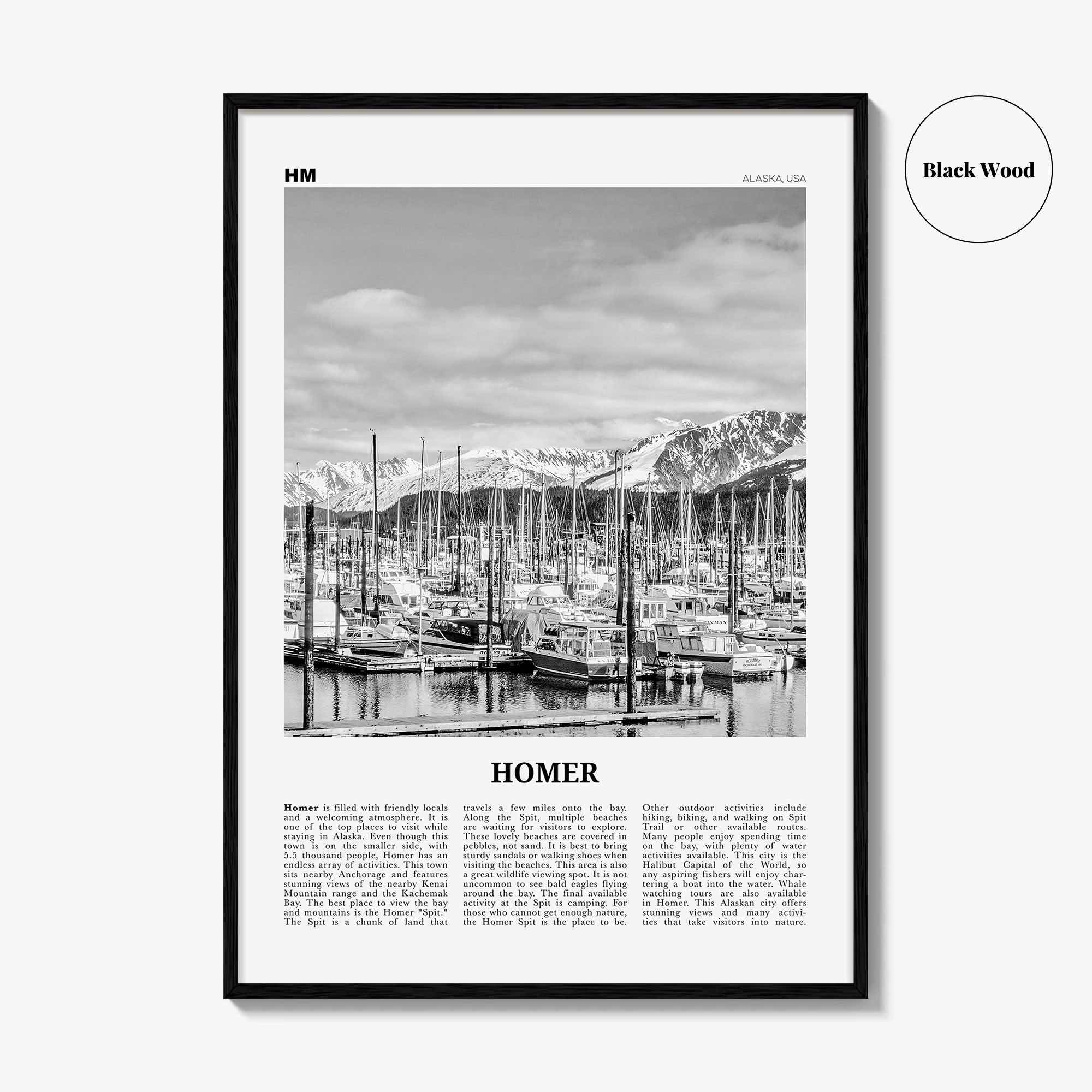Homer Print Black and White, Homer Wall Art, Homer Poster, Homer Photo, Homer Wall Décor, Homer Map, Alaska, USA