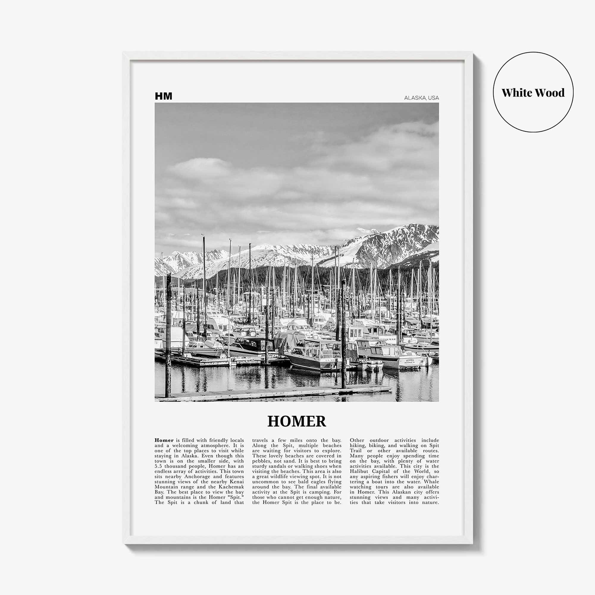 Homer Print Black and White, Homer Wall Art, Homer Poster, Homer Photo, Homer Wall Décor, Homer Map, Alaska, USA