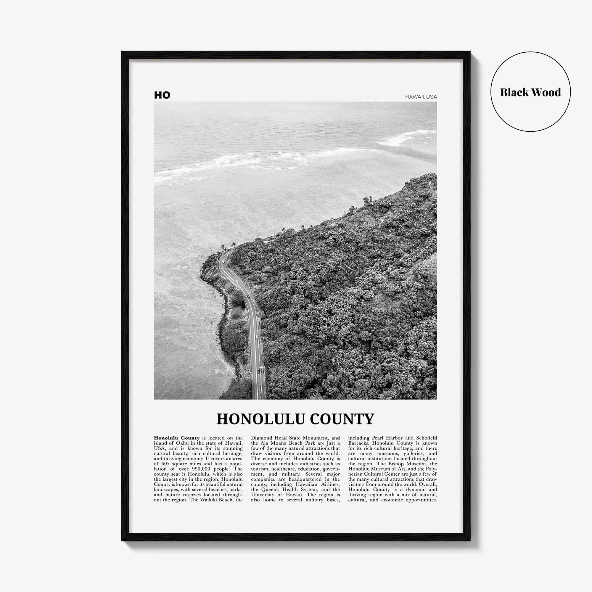 Honolulu County Print Black and White, Honolulu County Wall Art, Honolulu County Poster, Honolulu Photo, Honolulu Wall Décor, Honolulu Map