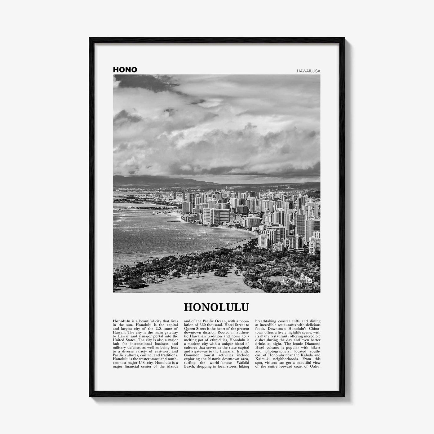 Honolulu Print Black and White No 2, Honolulu Wall Art, Honolulu Poster, Honolulu Photo, Honolulu Wall Decor, Hawaii, O'ahu, Oahu