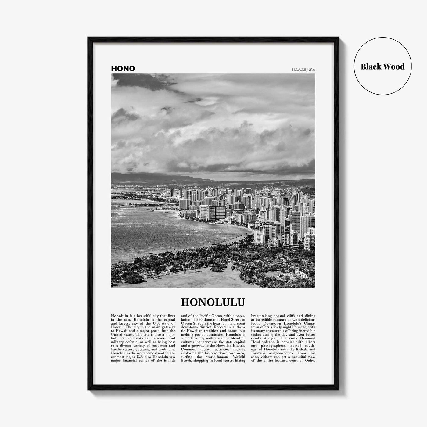 Honolulu Print Black and White No 2, Honolulu Wall Art, Honolulu Poster, Honolulu Photo, Honolulu Wall Decor, Hawaii, O'ahu, Oahu