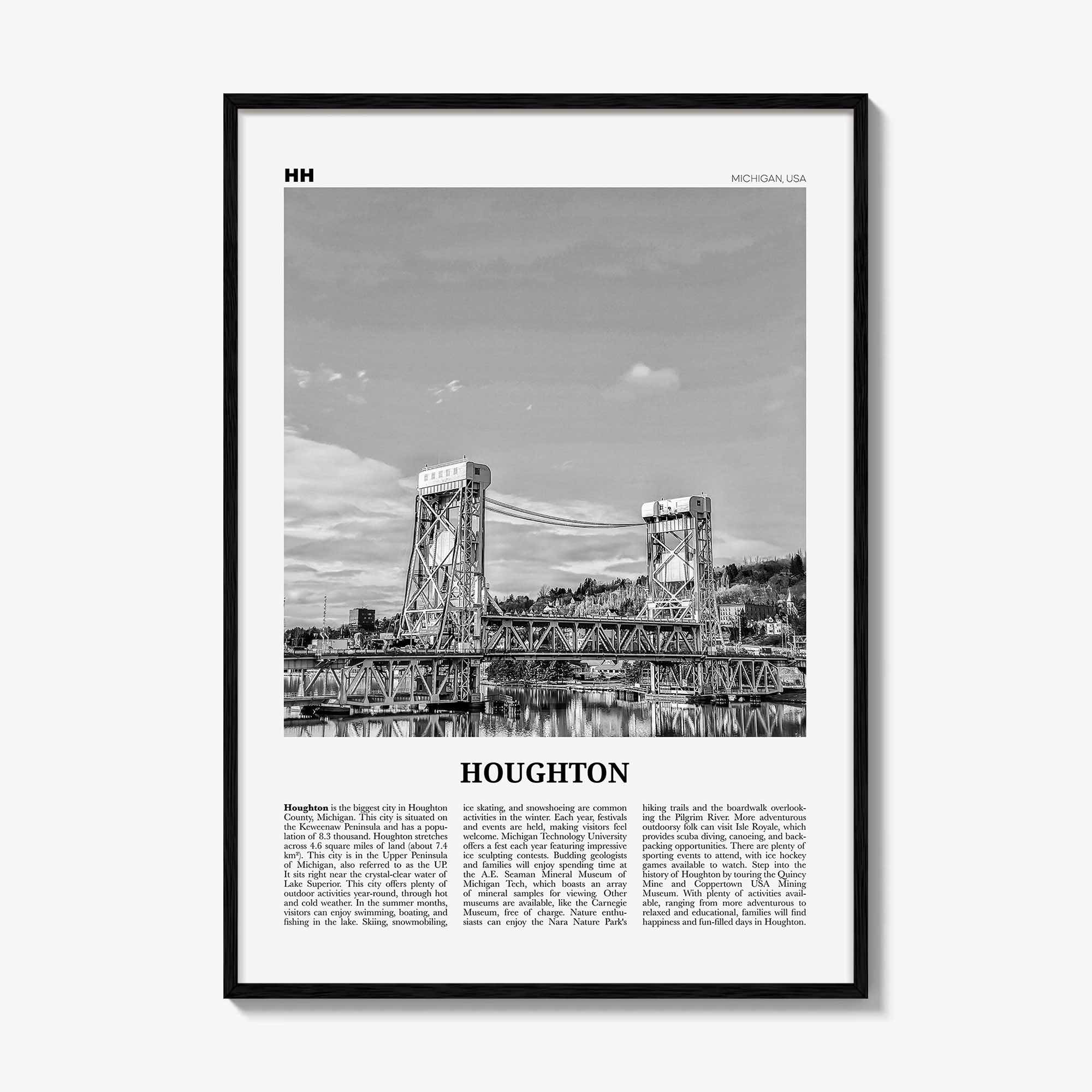 Houghton Print Black and White, Houghton Wall Art, Houghton Poster, Houghton Photo, Houghton Wall Décor, Houghton Map, Michigan, USA