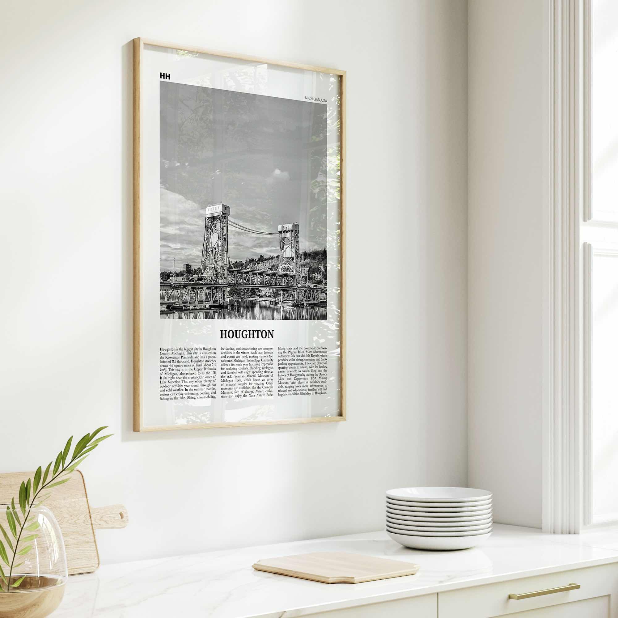 Houghton Print Black and White, Houghton Wall Art, Houghton Poster, Houghton Photo, Houghton Wall Décor, Houghton Map, Michigan, USA