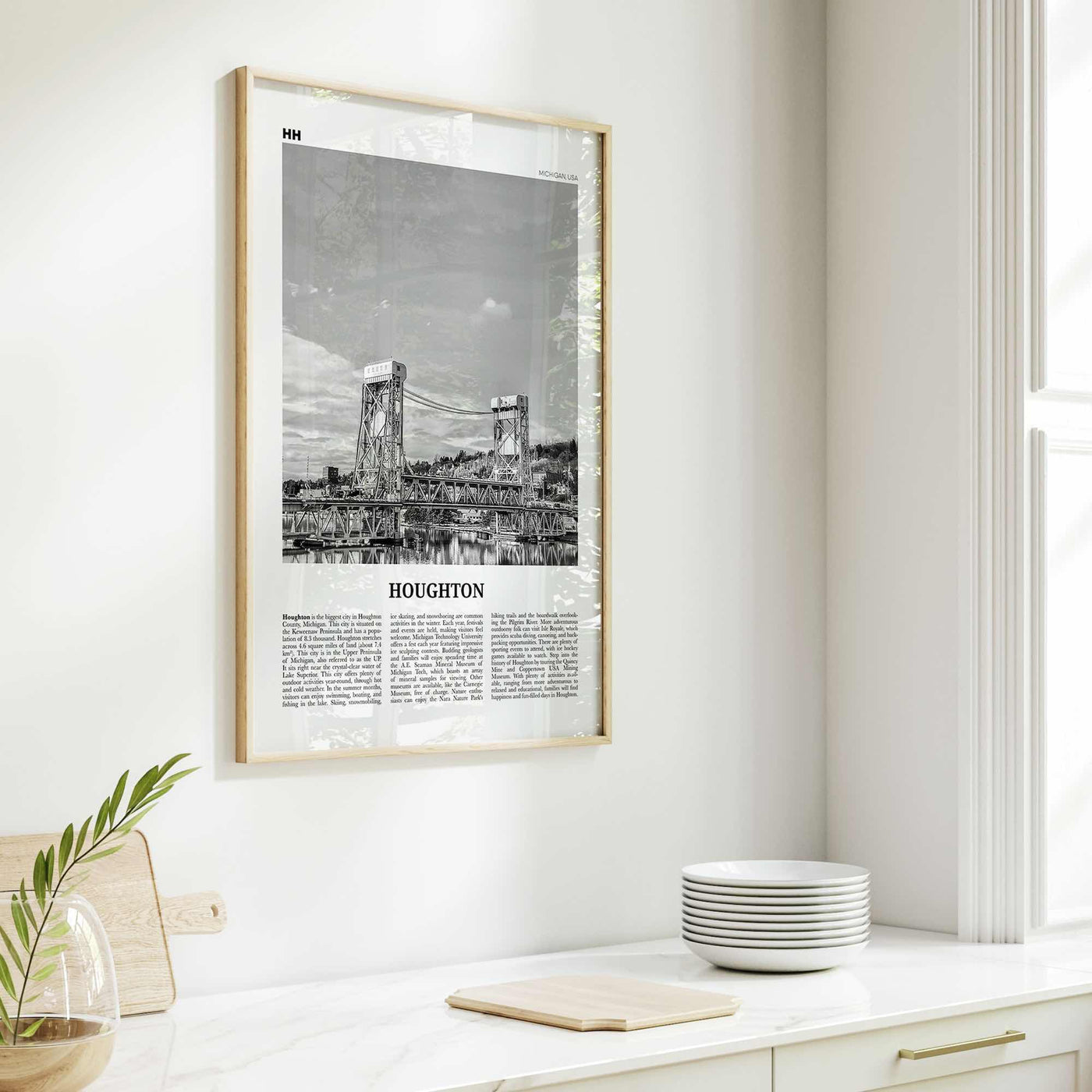 Houghton Print Black and White, Houghton Wall Art, Houghton Poster, Houghton Photo, Houghton Wall Décor, Houghton Map, Michigan, USA