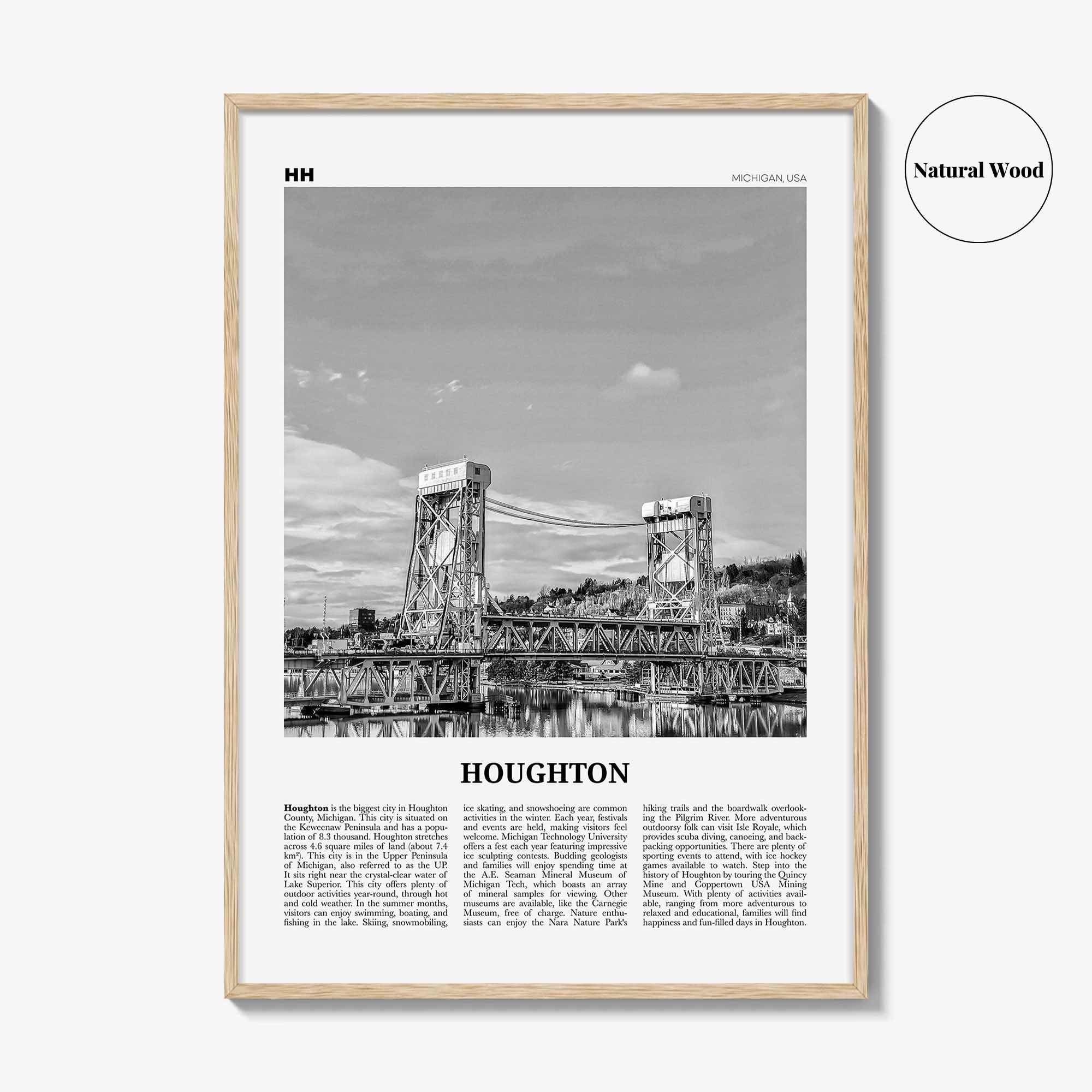 Houghton Print Black and White, Houghton Wall Art, Houghton Poster, Houghton Photo, Houghton Wall Décor, Houghton Map, Michigan, USA