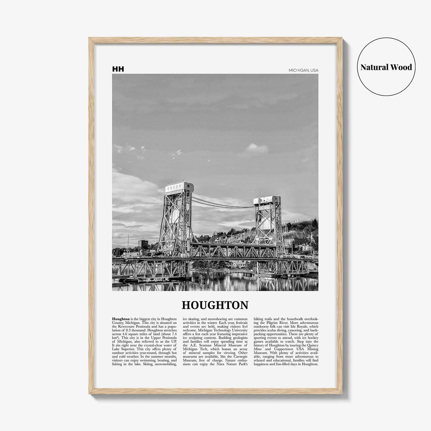 Houghton Print Black and White, Houghton Wall Art, Houghton Poster, Houghton Photo, Houghton Wall Décor, Houghton Map, Michigan, USA