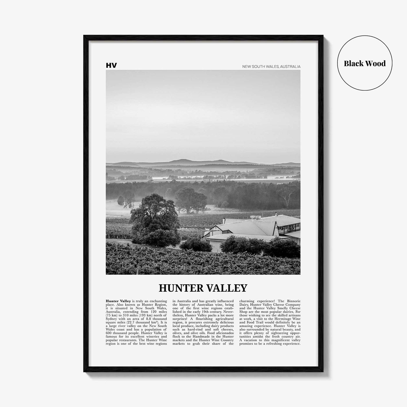 Hunter Valley Print Black and White, Hunter Valley Wall Art, Hunter Valley Poster, Hunter Valley Photo, Hunter Valley Map, Australia