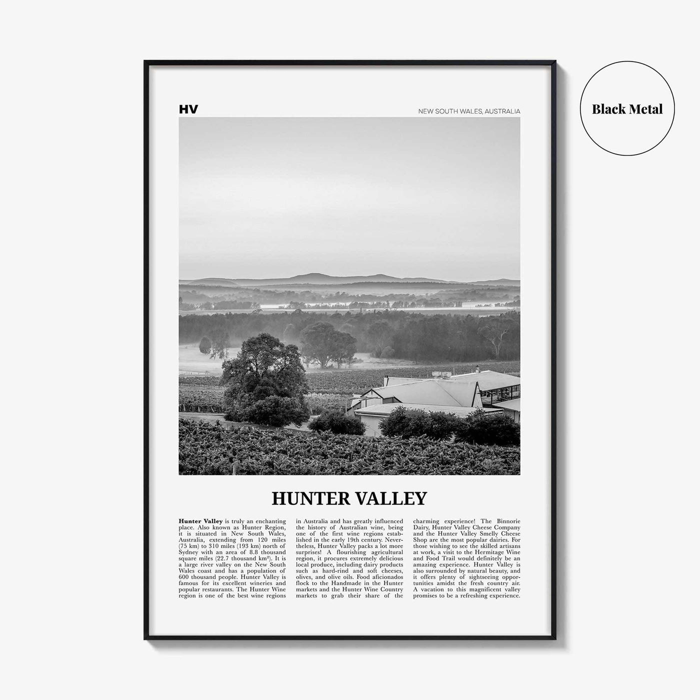 Hunter Valley Print Black and White, Hunter Valley Wall Art, Hunter Valley Poster, Hunter Valley Photo, Hunter Valley Map, Australia