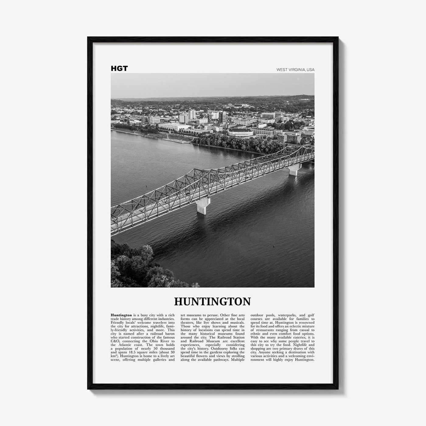 Huntington Print Black and White, Huntington Wall Art, Huntington Poster, Huntington Photo, Huntington Décor, Huntington Map, West Virginia