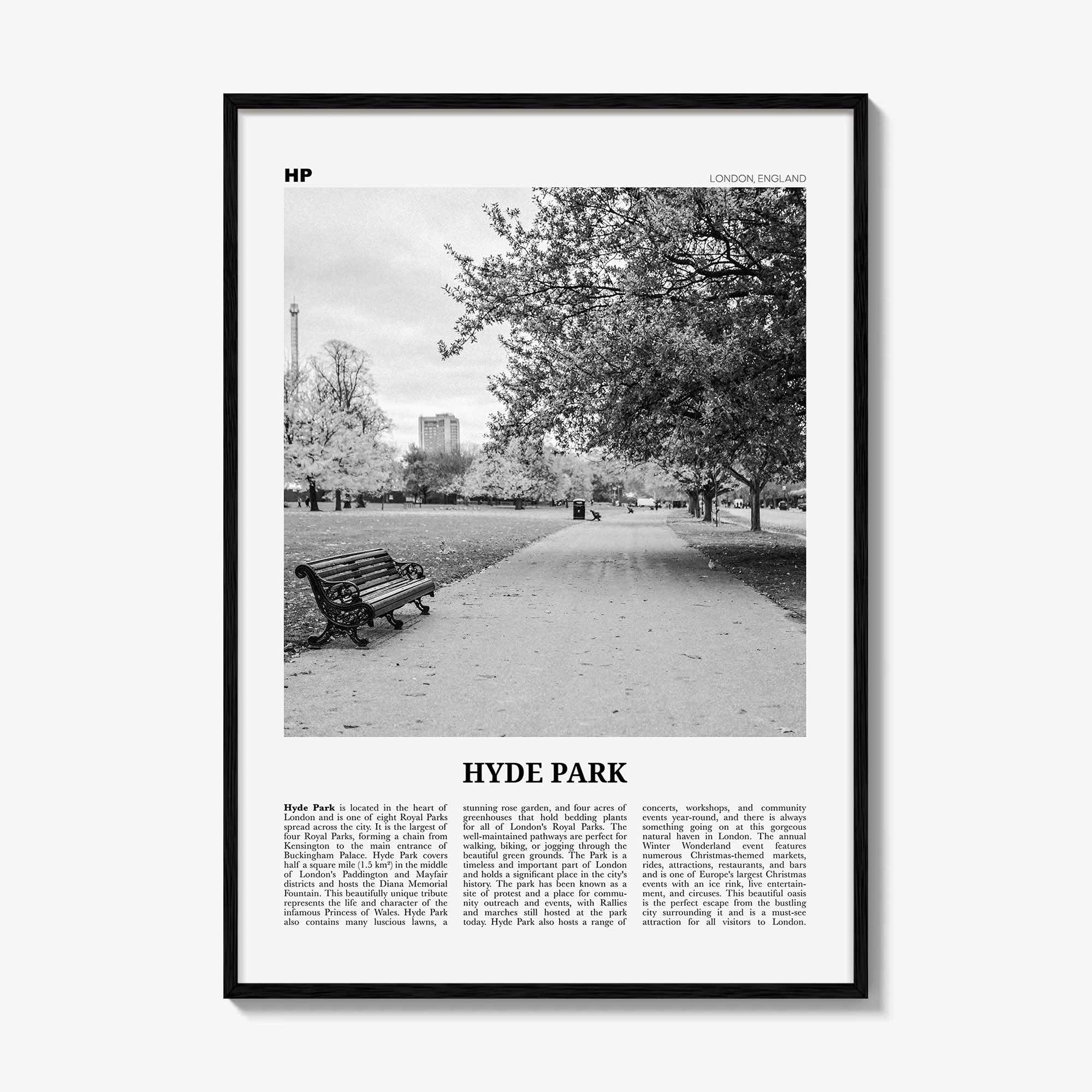 Hyde Park Print Black and White, Hyde Park Wall Art, Hyde Park Poster, Hyde Park Photo, Hyde Park Map, London, England, UK United Kingdom