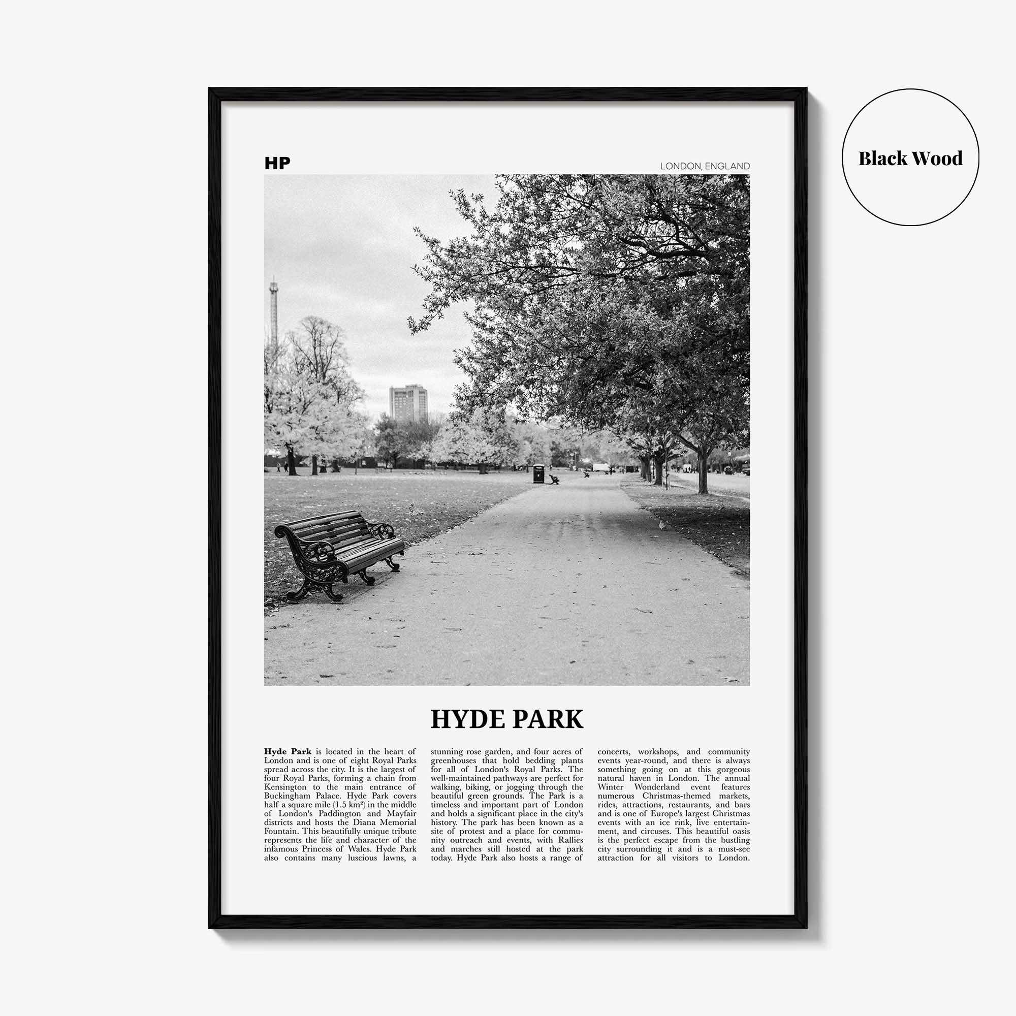 Hyde Park Print Black and White, Hyde Park Wall Art, Hyde Park Poster, Hyde Park Photo, Hyde Park Map, London, England, UK United Kingdom