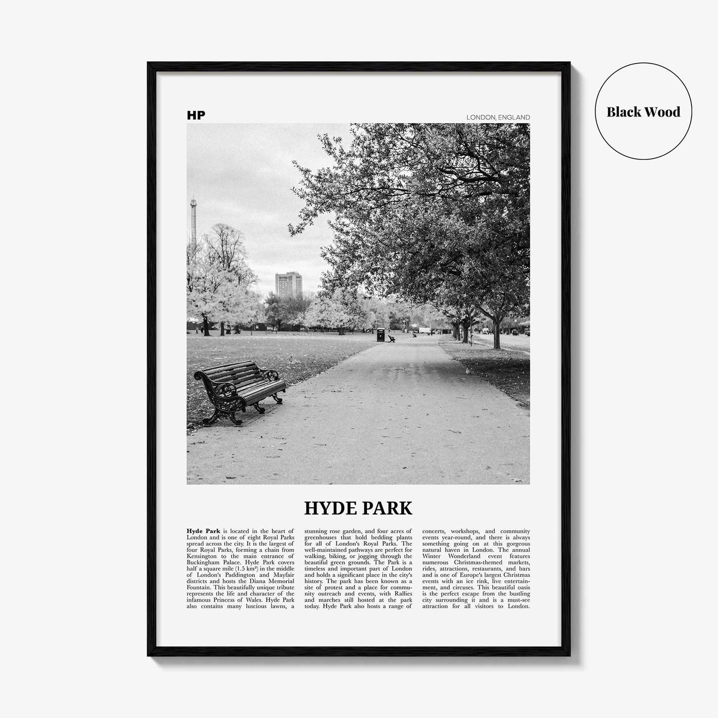 Hyde Park Print Black and White, Hyde Park Wall Art, Hyde Park Poster, Hyde Park Photo, Hyde Park Map, London, England, UK United Kingdom