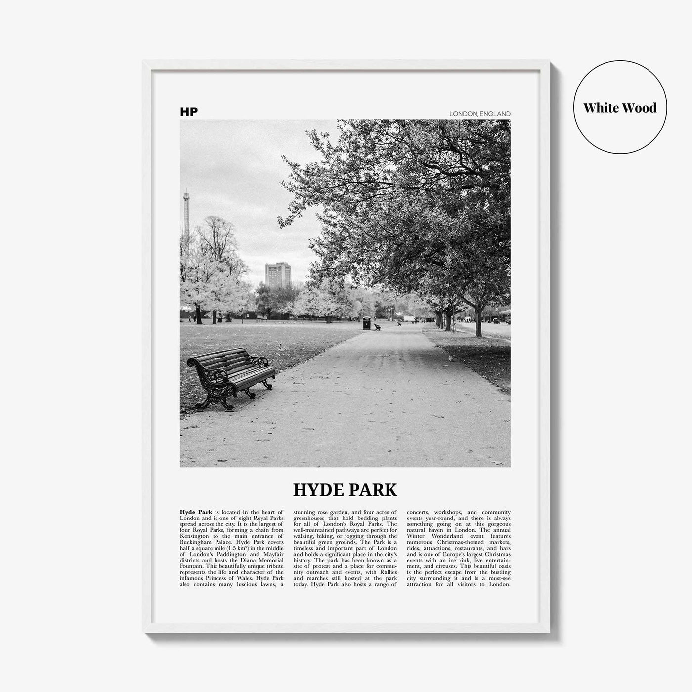 Hyde Park Print Black and White, Hyde Park Wall Art, Hyde Park Poster, Hyde Park Photo, Hyde Park Map, London, England, UK United Kingdom