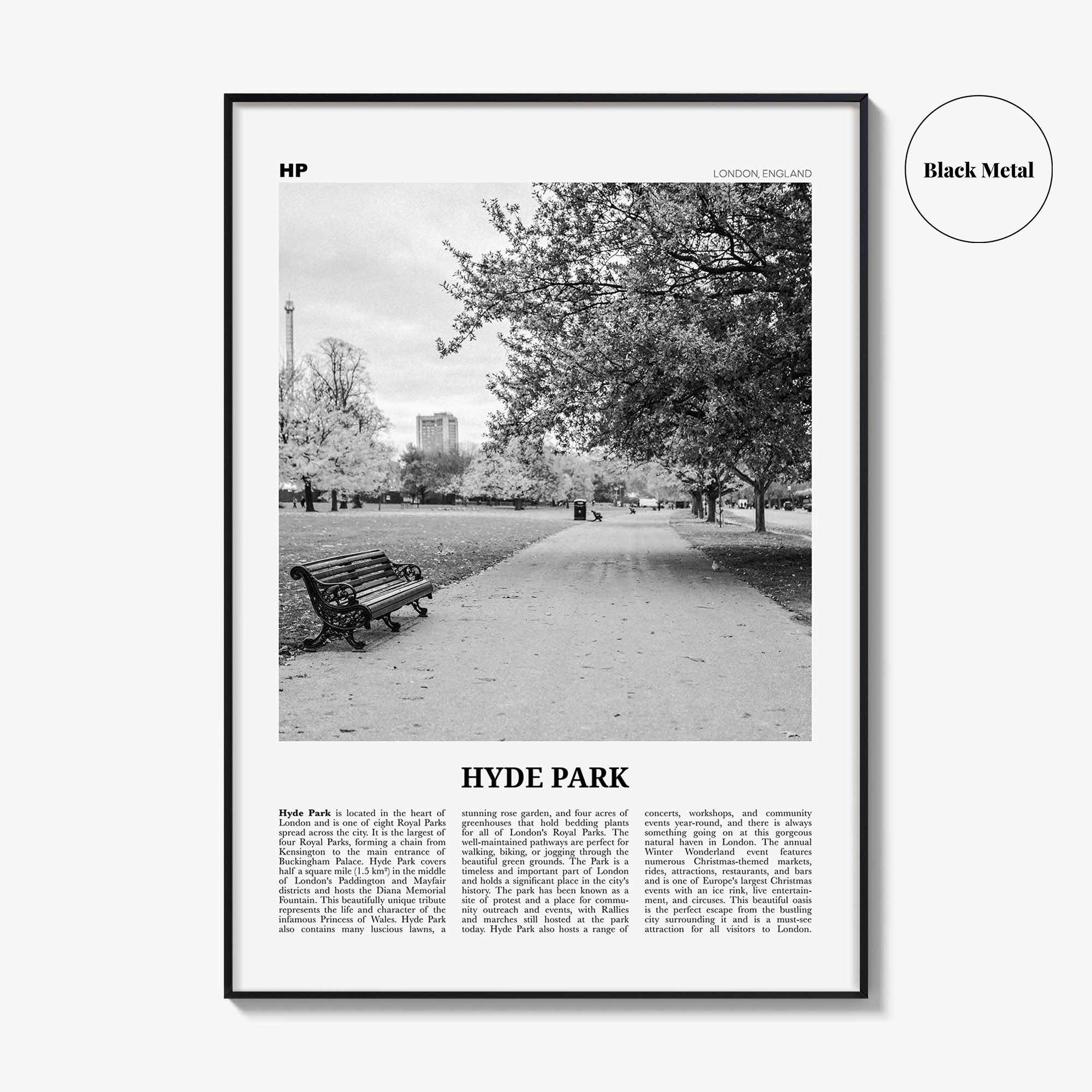 Hyde Park Print Black and White, Hyde Park Wall Art, Hyde Park Poster, Hyde Park Photo, Hyde Park Map, London, England, UK United Kingdom