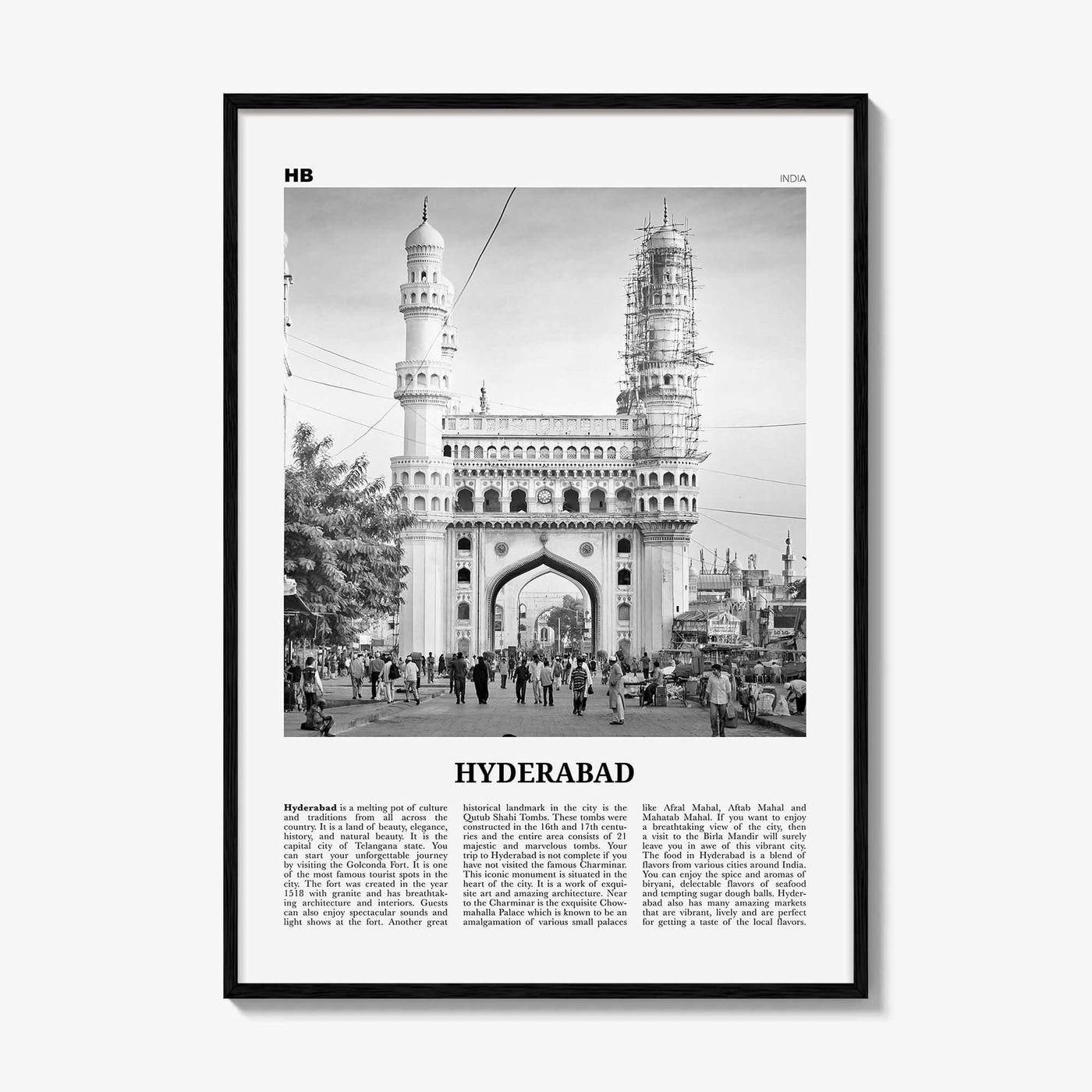 Hyderabad Print Black and White, Hyderabad Wall Art, Hyderabad Poster, Hyderabad Photo, Hyderabad Map, India