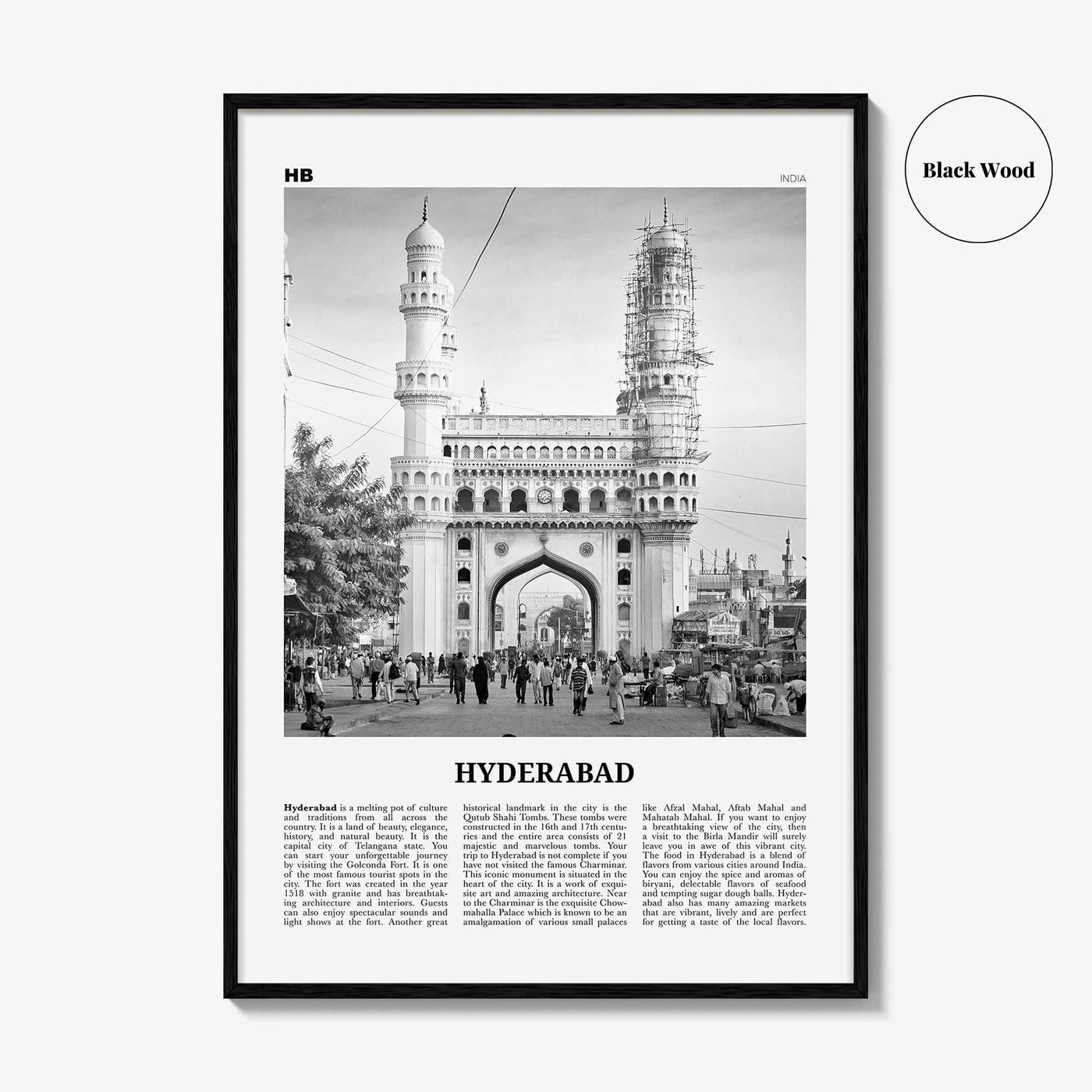 Hyderabad Print Black and White, Hyderabad Wall Art, Hyderabad Poster, Hyderabad Photo, Hyderabad Map, India