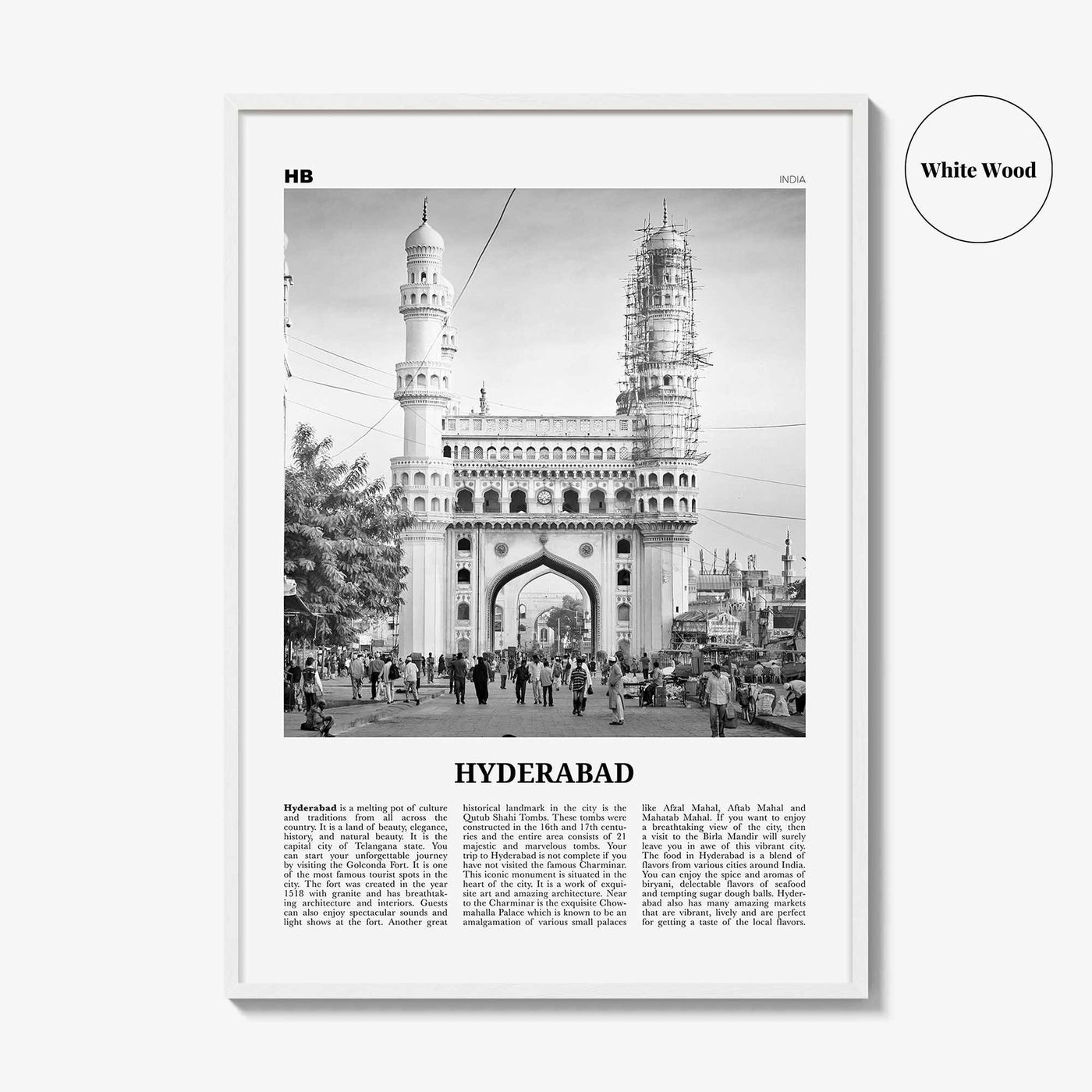 Hyderabad Print Black and White, Hyderabad Wall Art, Hyderabad Poster, Hyderabad Photo, Hyderabad Map, India