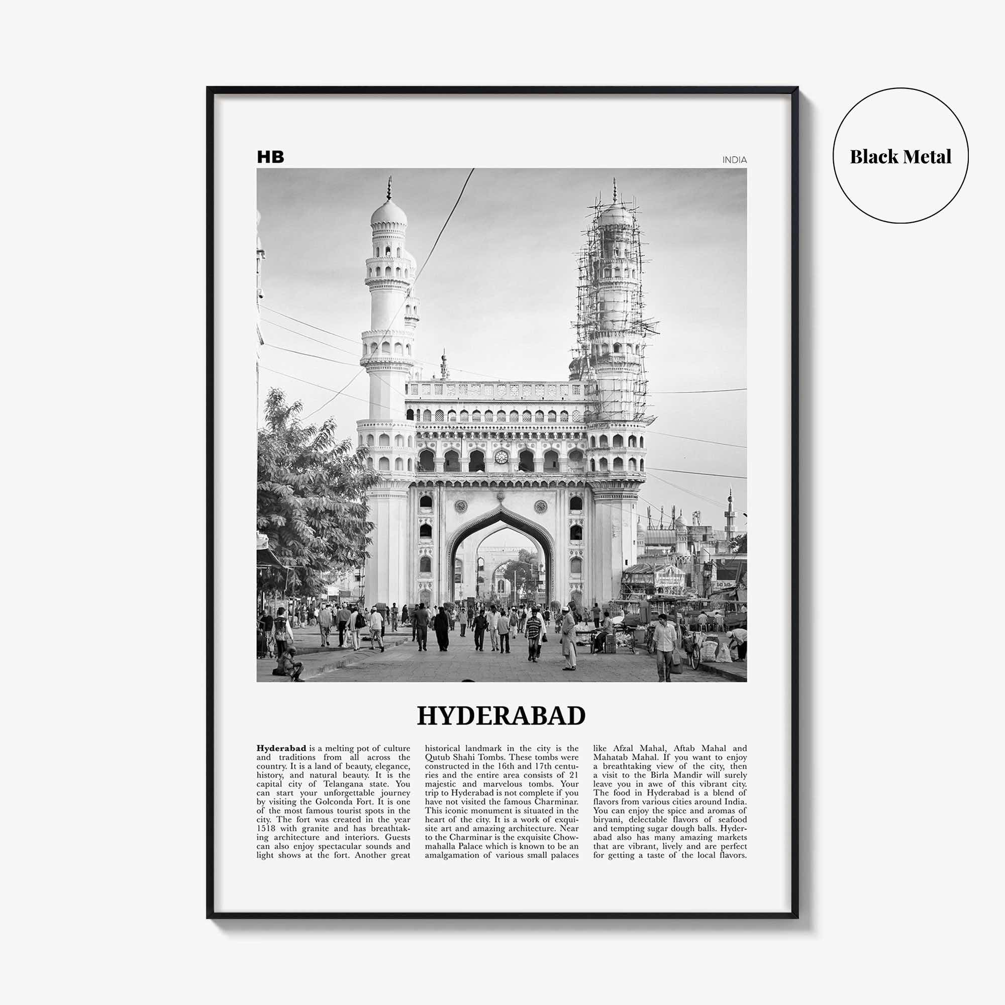 Hyderabad Print Black and White, Hyderabad Wall Art, Hyderabad Poster, Hyderabad Photo, Hyderabad Map, India