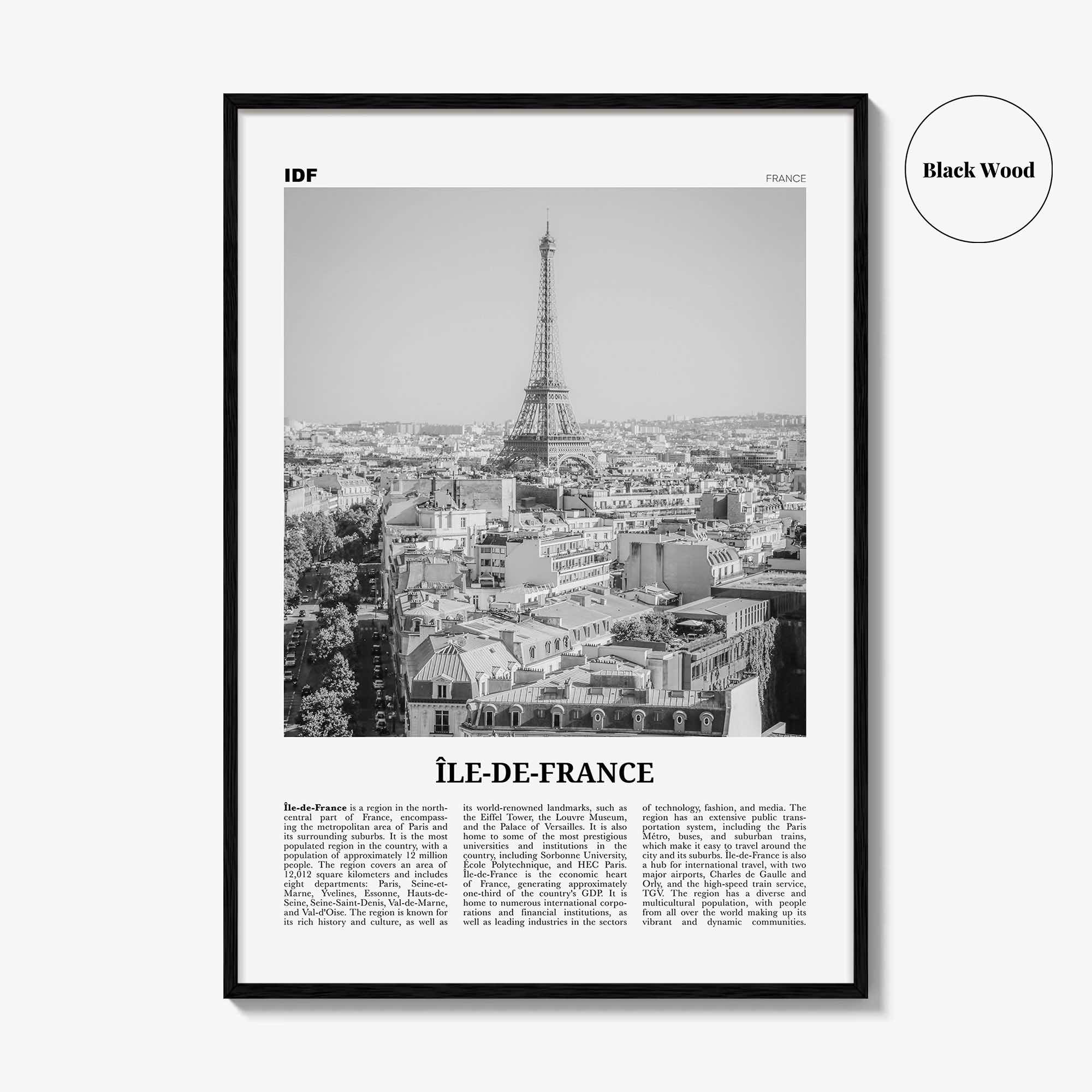 Ile De France Print Black and White, Île-de-France Art, Île-de-France Poster, Île-de-France Photo, Île-de-France Décor, Île-de-France Map