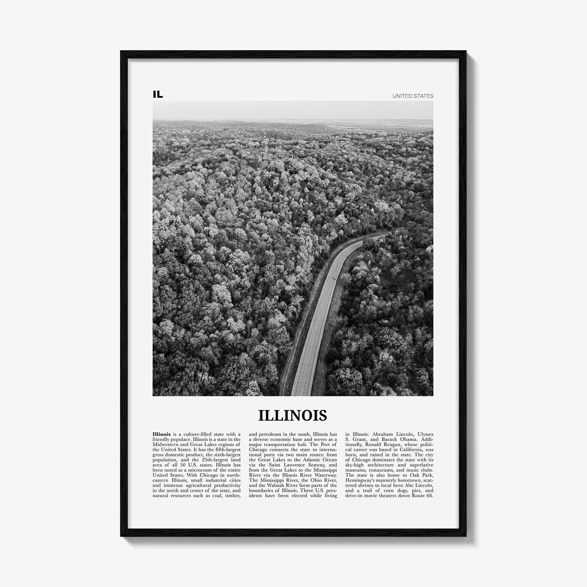 Illinois Print Black and White No 2, Illinois Wall Art, Illinois Poster, Illinois Photo, Illinois Wall Décor, Illinois Map, United States