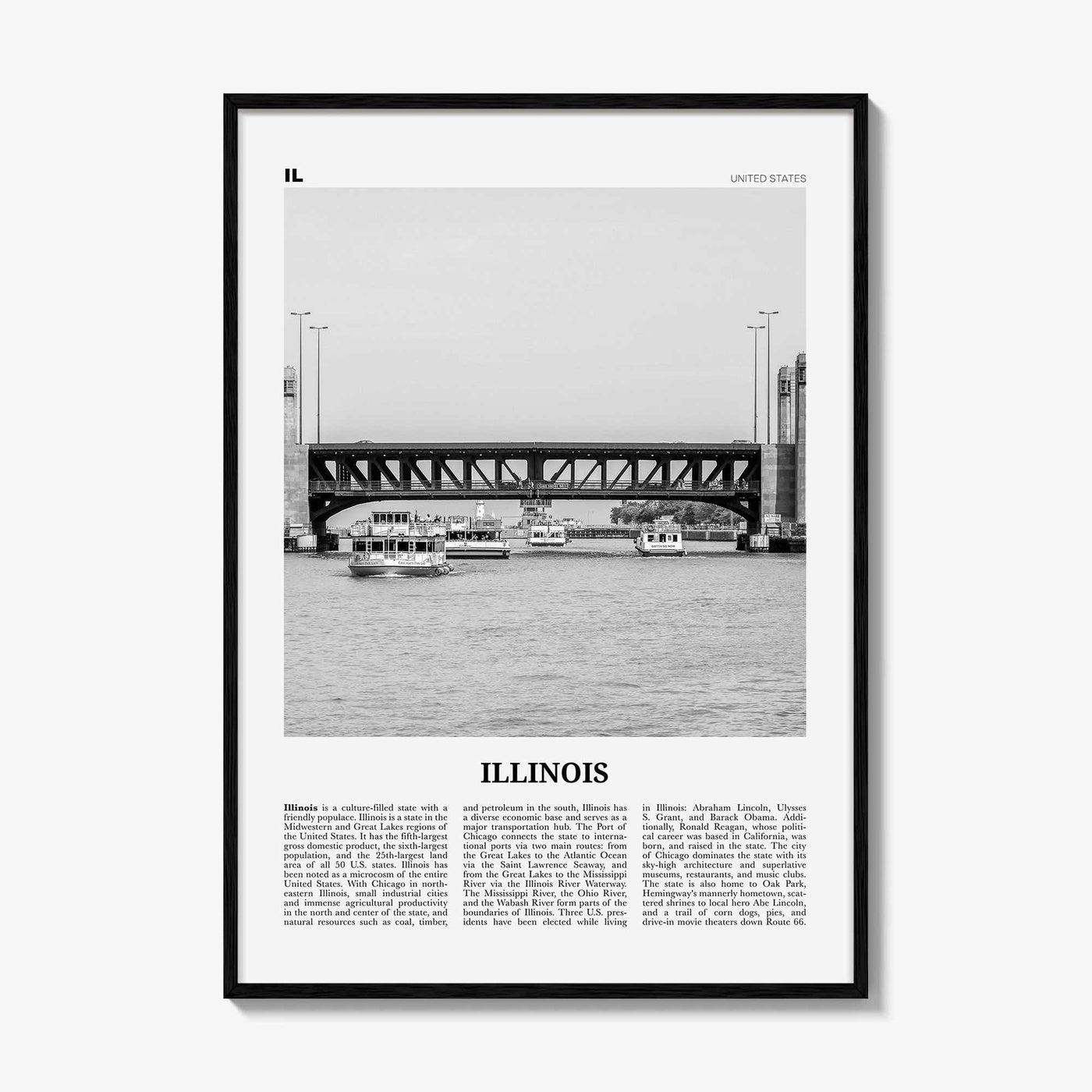 Illinois Print Black and White No 4, Illinois Wall Art, Illinois Poster, Illinois Photo, Illinois Wall Décor, Illinois Map, United States
