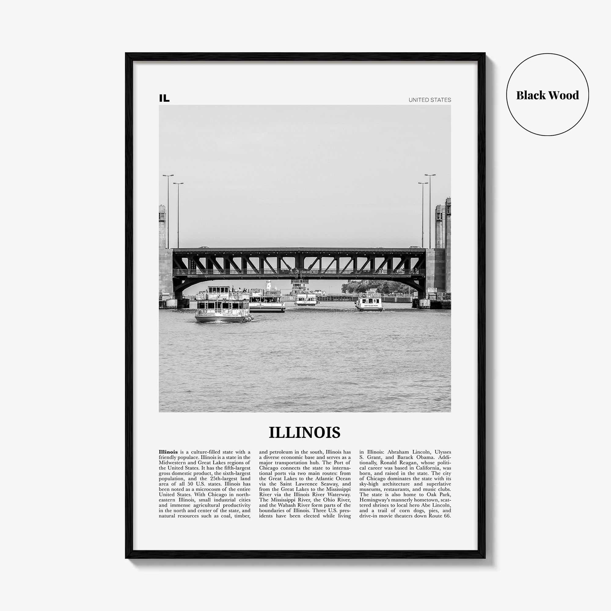 Illinois Print Black and White No 4, Illinois Wall Art, Illinois Poster, Illinois Photo, Illinois Wall Décor, Illinois Map, United States