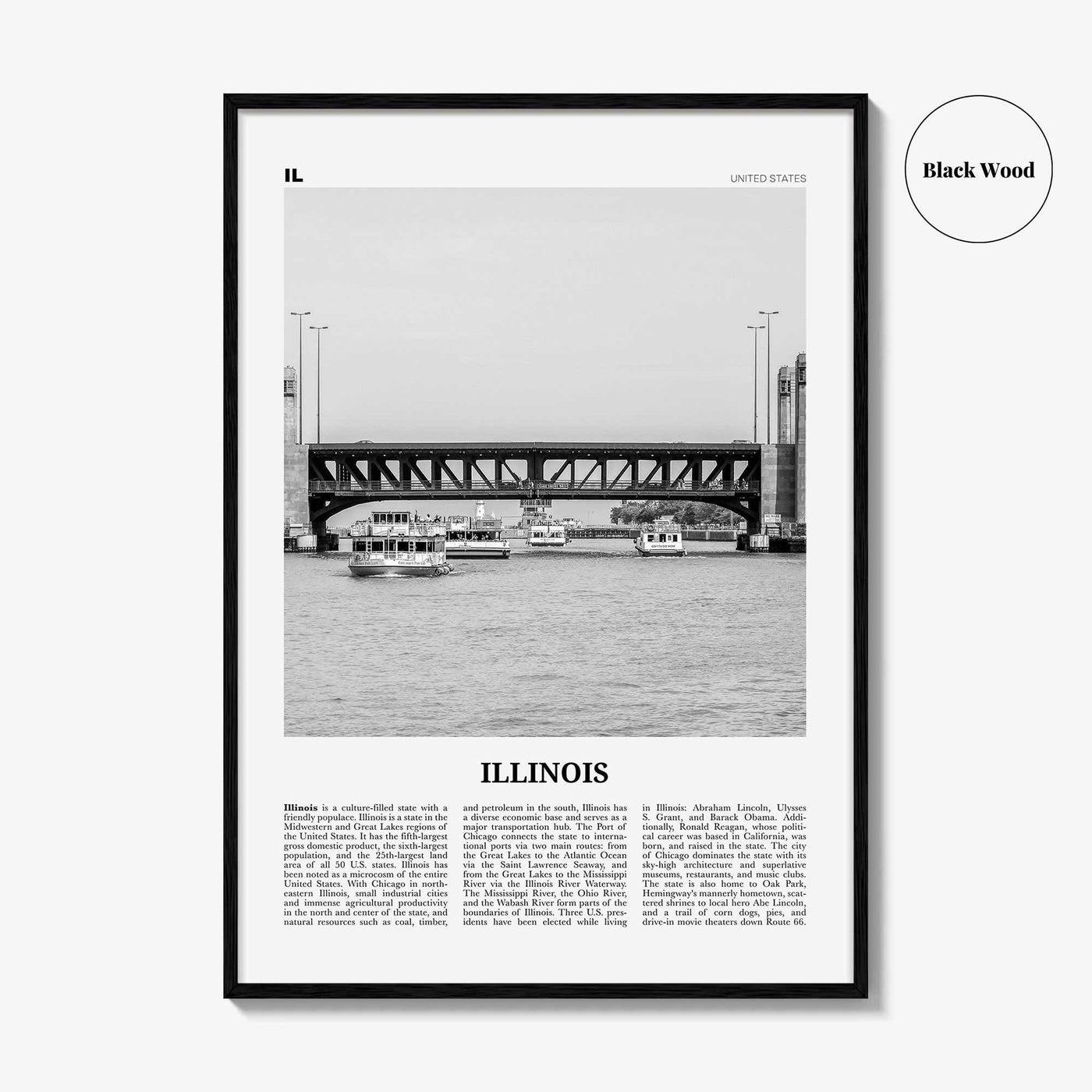 Illinois Print Black and White No 4, Illinois Wall Art, Illinois Poster, Illinois Photo, Illinois Wall Décor, Illinois Map, United States