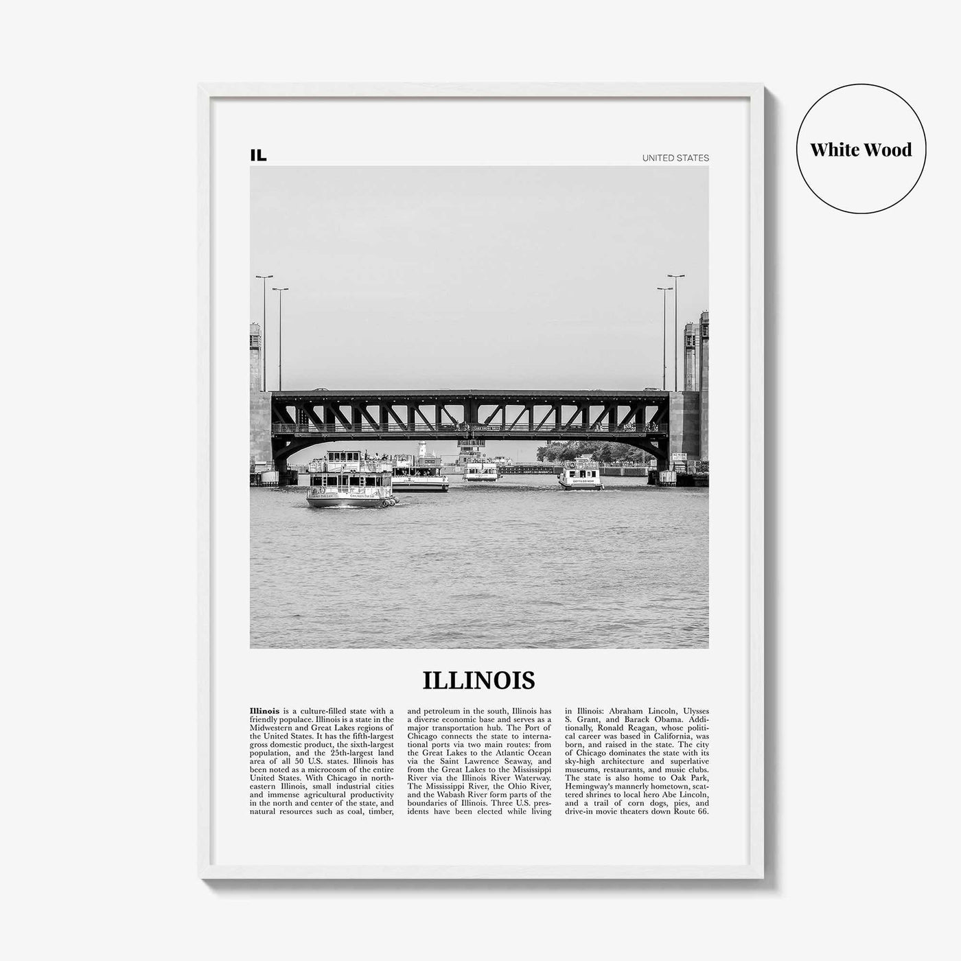 Illinois Print Black and White No 4, Illinois Wall Art, Illinois Poster, Illinois Photo, Illinois Wall Décor, Illinois Map, United States