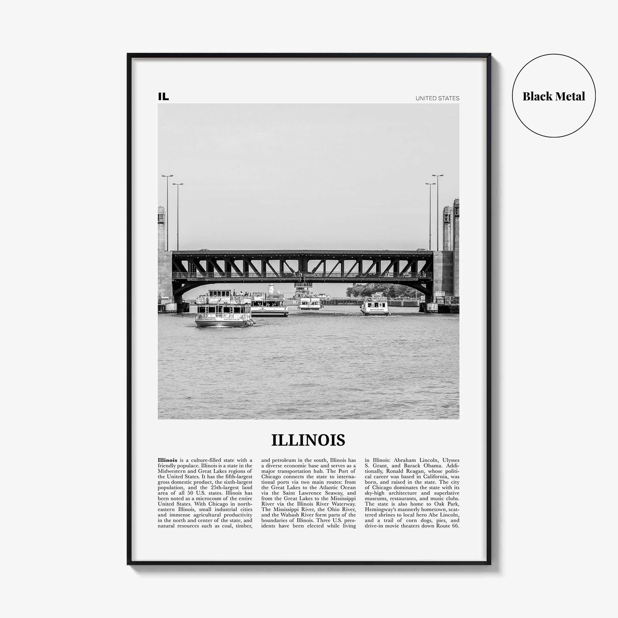 Illinois Print Black and White No 4, Illinois Wall Art, Illinois Poster, Illinois Photo, Illinois Wall Décor, Illinois Map, United States