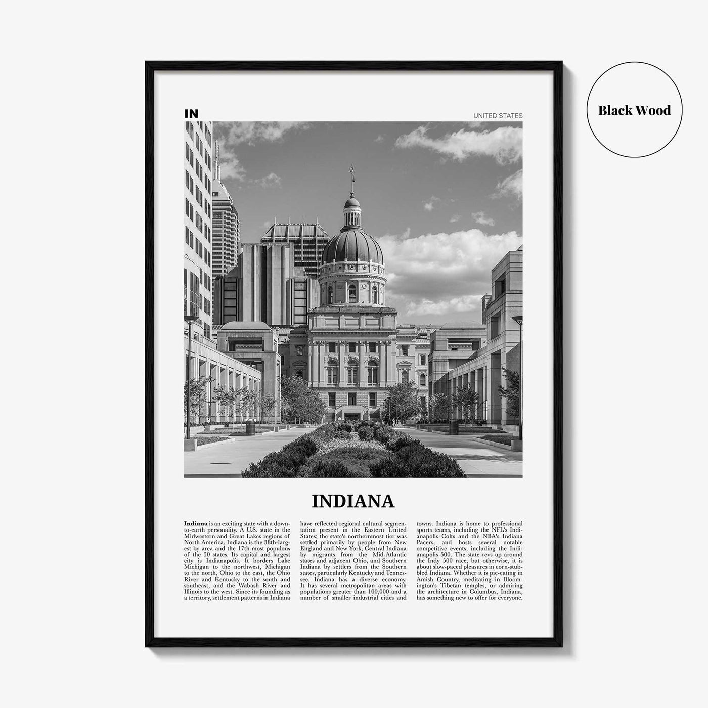 Indiana Print Black and White No 2, Indiana Wall Art, Indiana Poster, Indiana Photo, Indiana Wall Decor, USA, United States
