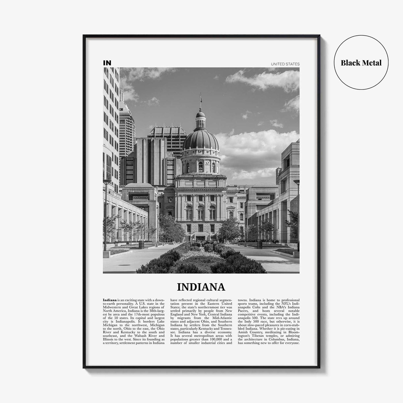Indiana Print Black and White No 2, Indiana Wall Art, Indiana Poster, Indiana Photo, Indiana Wall Decor, USA, United States