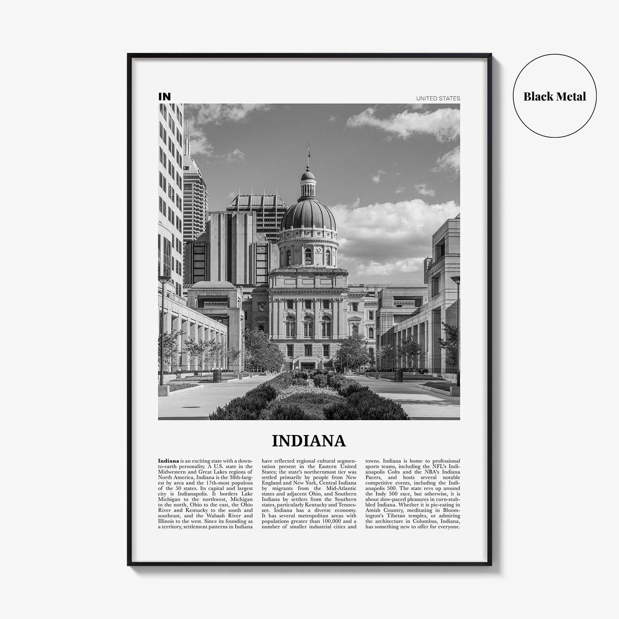 Indiana Print Black and White No 2, Indiana Wall Art, Indiana Poster, Indiana Photo, Indiana Wall Decor, USA, United States