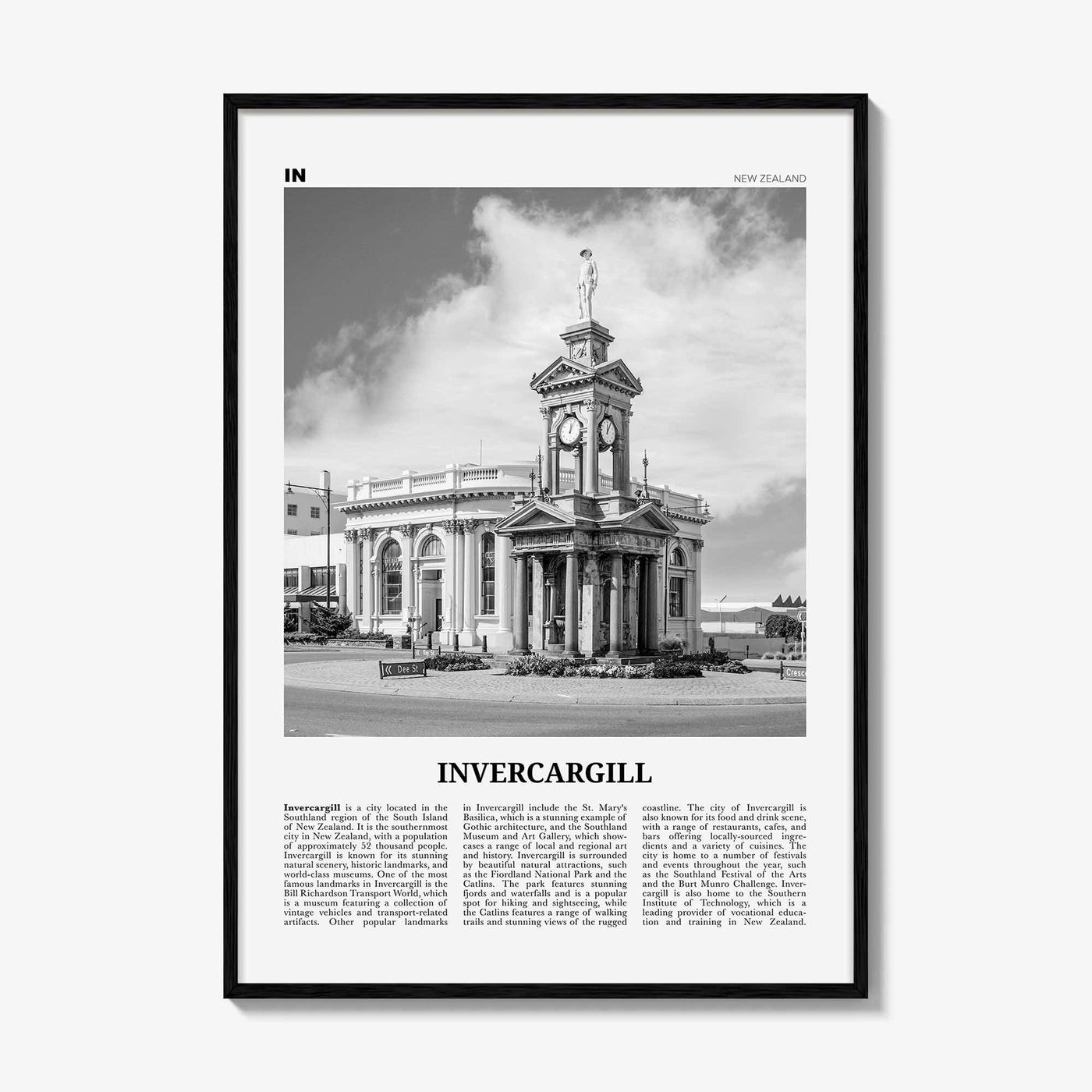 Invercargill Print Black and White, Invercargill Art, Invercargill Poster, Invercargill Photo, Invercargill Wall Décor, Invercargill Map