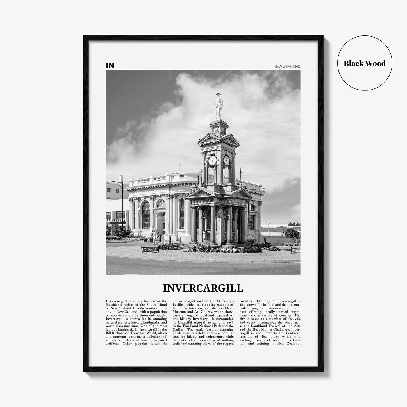 Invercargill Print Black and White, Invercargill Art, Invercargill Poster, Invercargill Photo, Invercargill Wall Décor, Invercargill Map