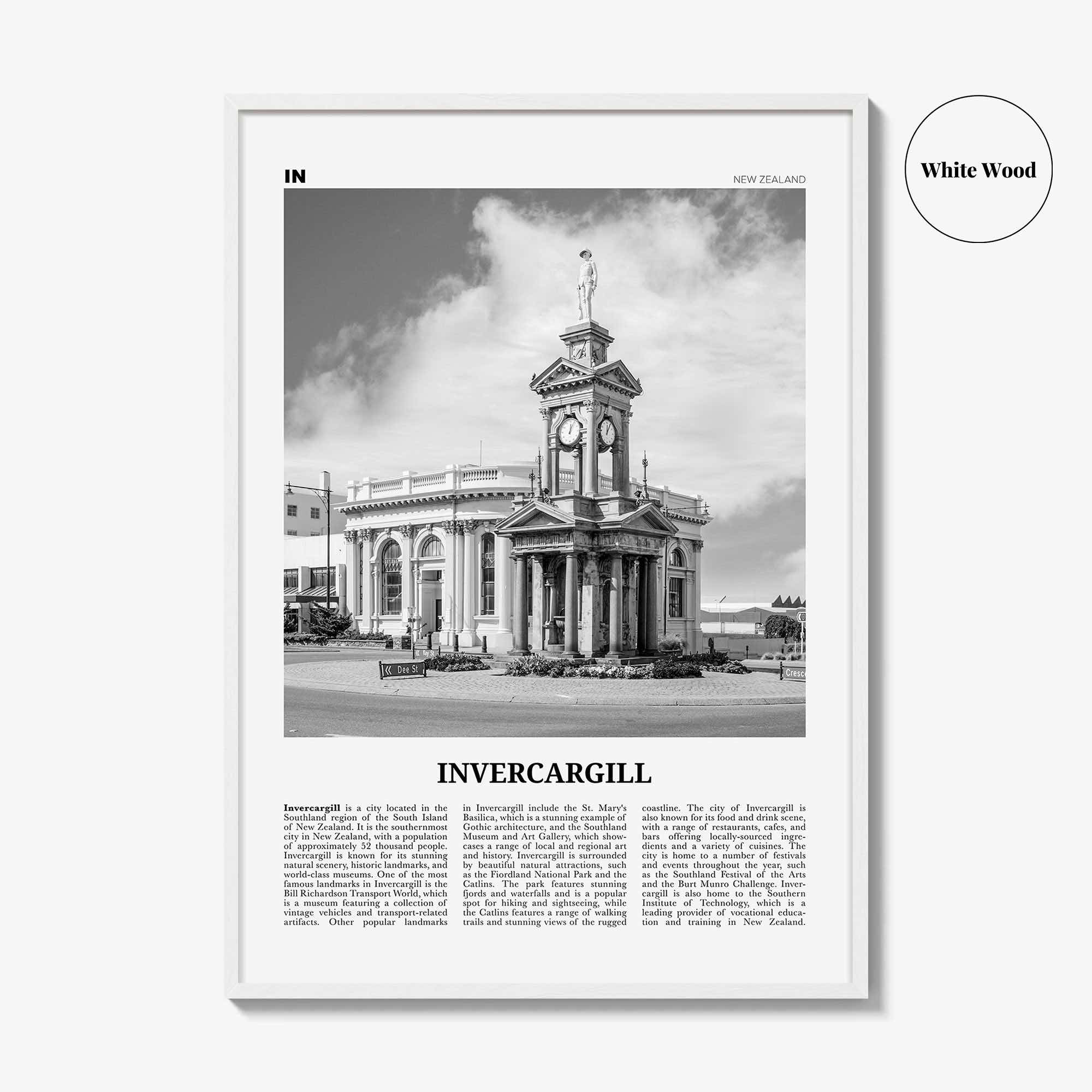 Invercargill Print Black and White, Invercargill Art, Invercargill Poster, Invercargill Photo, Invercargill Wall Décor, Invercargill Map