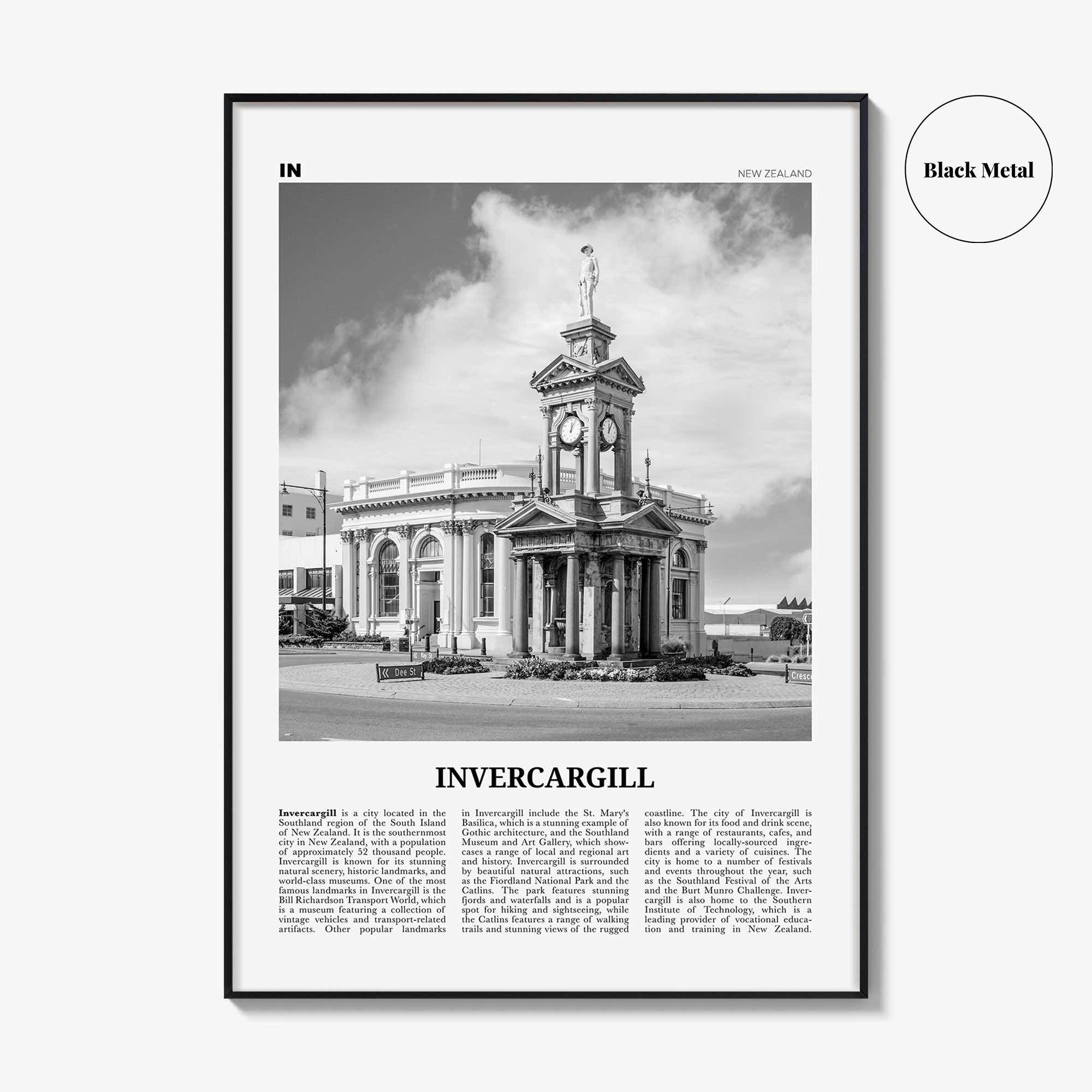 Invercargill Print Black and White, Invercargill Art, Invercargill Poster, Invercargill Photo, Invercargill Wall Décor, Invercargill Map