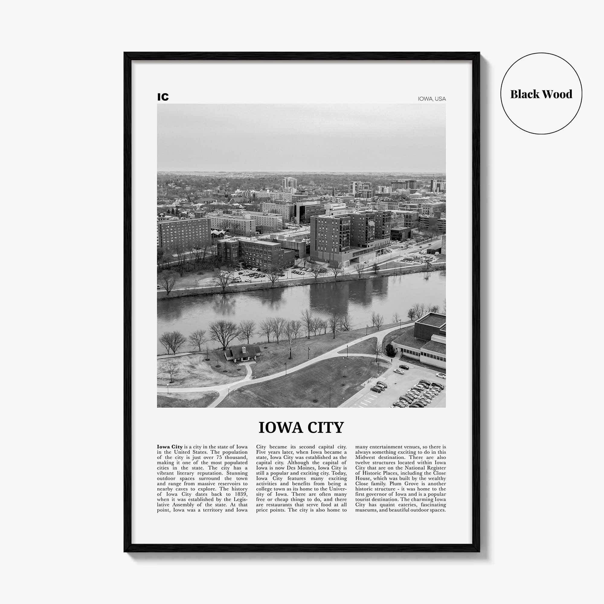 Iowa City Print Black and White, Iowa City Wall Art, Iowa City Poster, Iowa City Photo, Iowa City Wall Décor, Iowa, USA, United States
