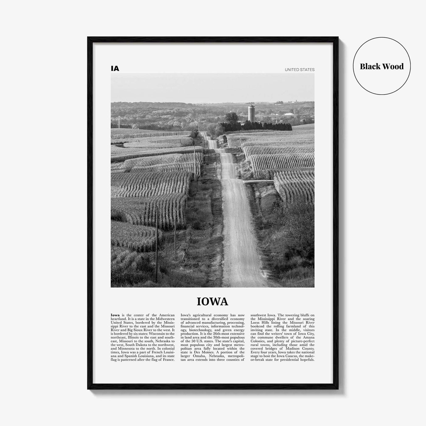 Iowa Print Black and White No 1, Iowa Wall Art, Iowa Poster, Iowa Photo, Iowa Wall Décor, Iowa Map, United States