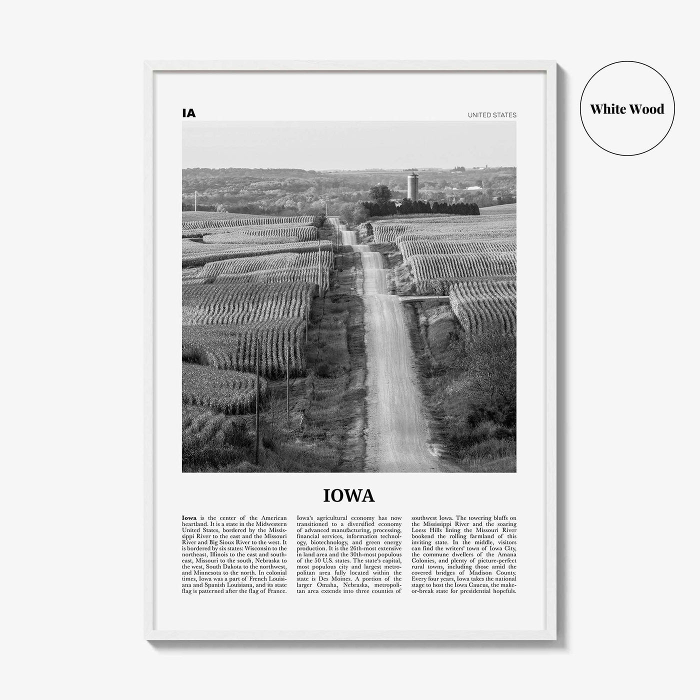 Iowa Print Black and White No 1, Iowa Wall Art, Iowa Poster, Iowa Photo, Iowa Wall Décor, Iowa Map, United States