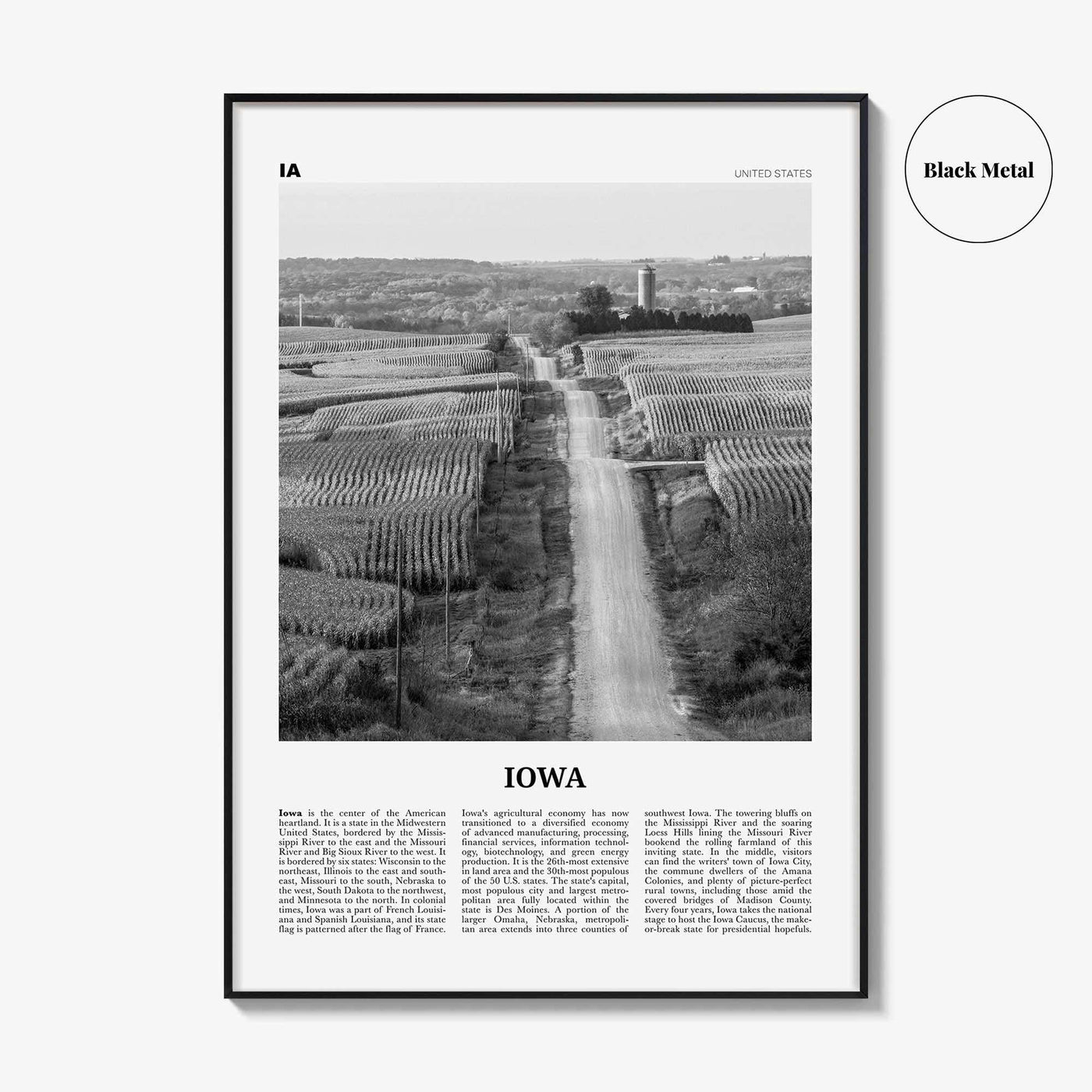 Iowa Print Black and White No 1, Iowa Wall Art, Iowa Poster, Iowa Photo, Iowa Wall Décor, Iowa Map, United States