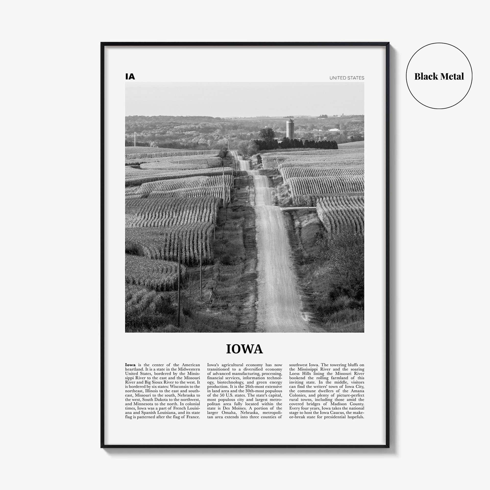 Iowa Print Black and White No 1, Iowa Wall Art, Iowa Poster, Iowa Photo, Iowa Wall Décor, Iowa Map, United States