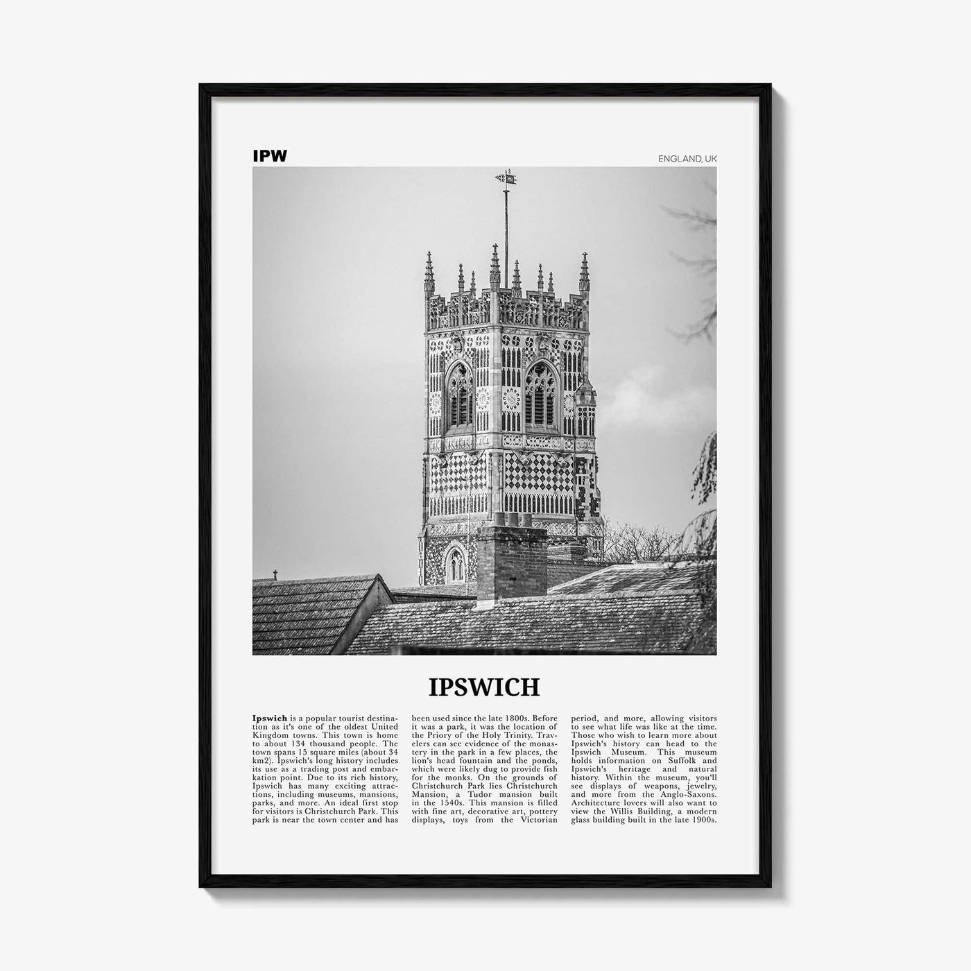 Ipswich Print Black and White, Ipswich Wall Art, Ipswich Poster, Ipswich Photo, Ipswich Wall Décor, Ipswich Map, England, UK