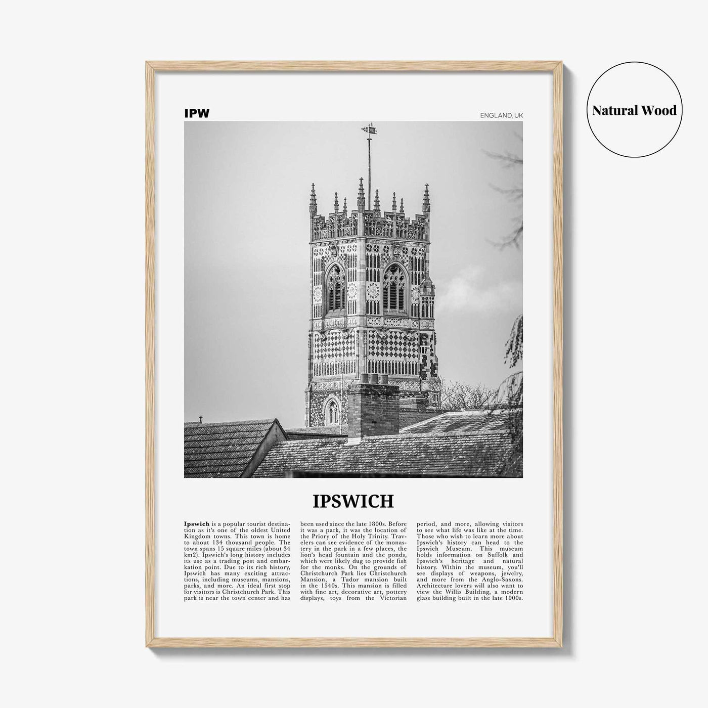 Ipswich Print Black and White, Ipswich Wall Art, Ipswich Poster, Ipswich Photo, Ipswich Wall Décor, Ipswich Map, England, UK