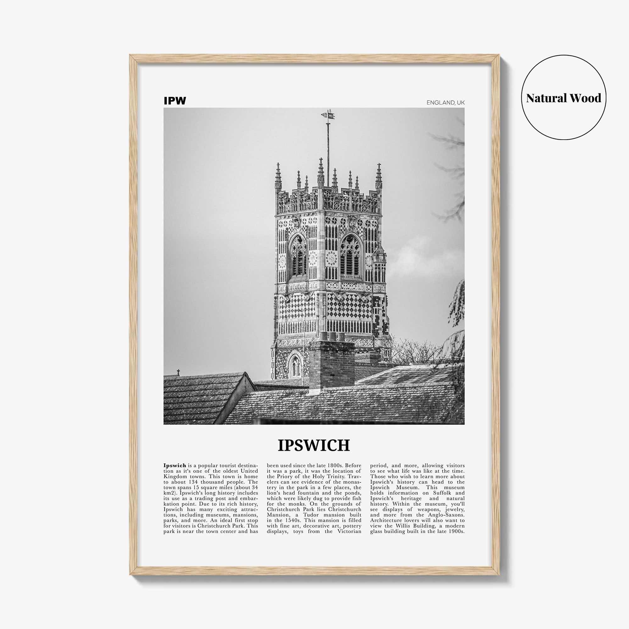 Ipswich Print Black and White, Ipswich Wall Art, Ipswich Poster, Ipswich Photo, Ipswich Wall Décor, Ipswich Map, England, UK