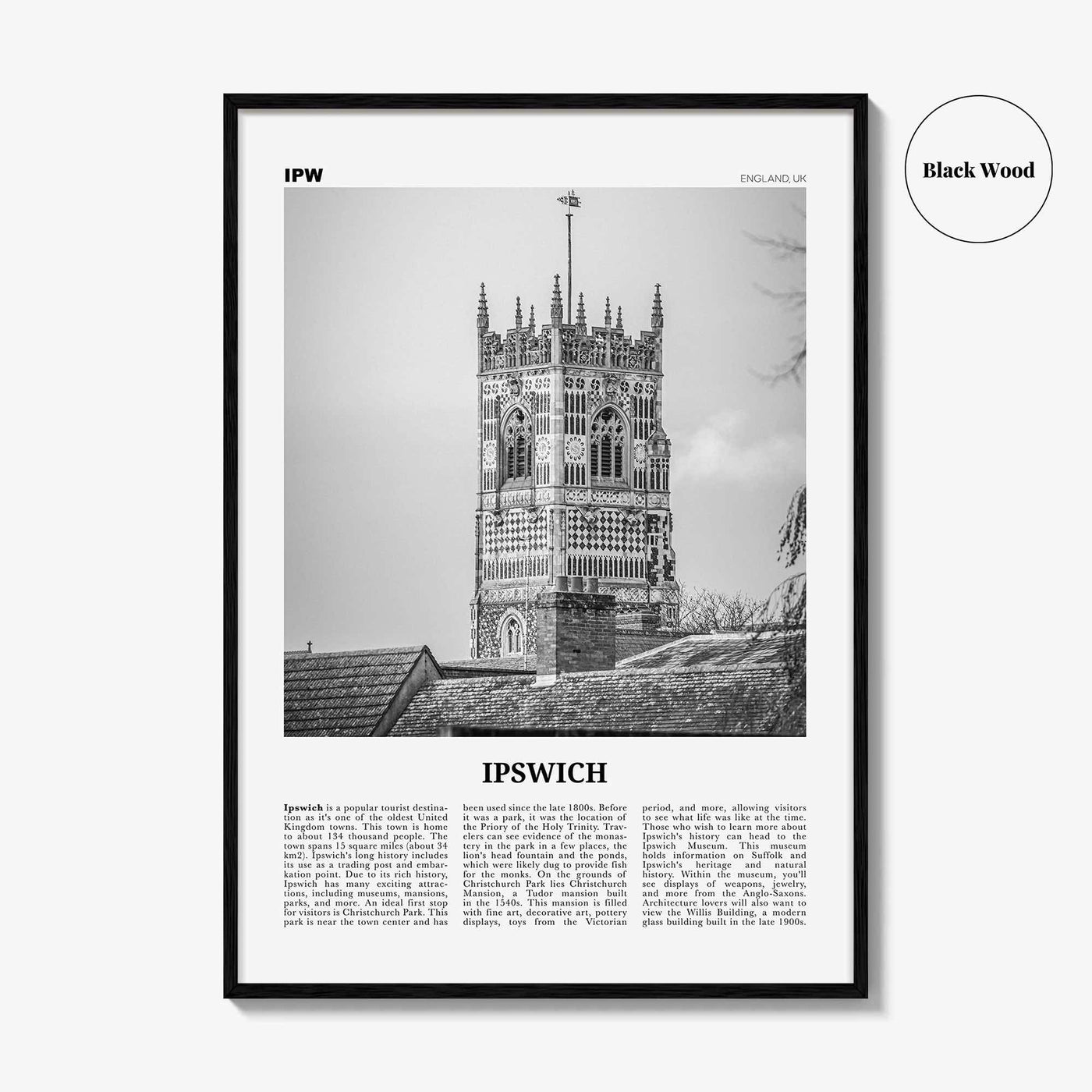 Ipswich Print Black and White, Ipswich Wall Art, Ipswich Poster, Ipswich Photo, Ipswich Wall Décor, Ipswich Map, England, UK