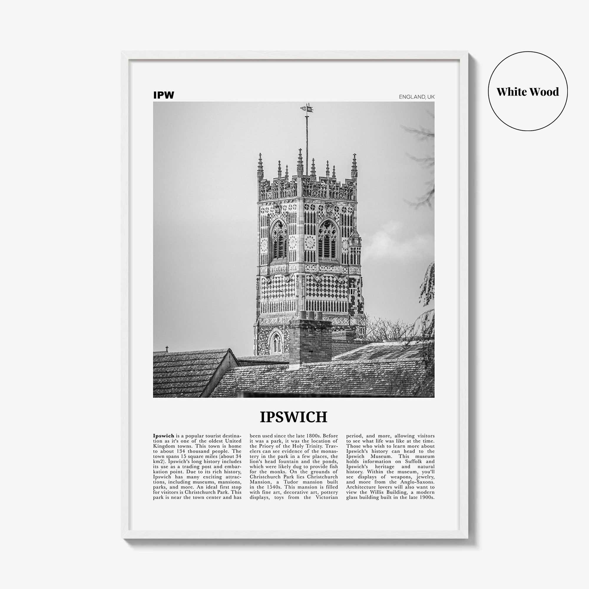 Ipswich Print Black and White, Ipswich Wall Art, Ipswich Poster, Ipswich Photo, Ipswich Wall Décor, Ipswich Map, England, UK