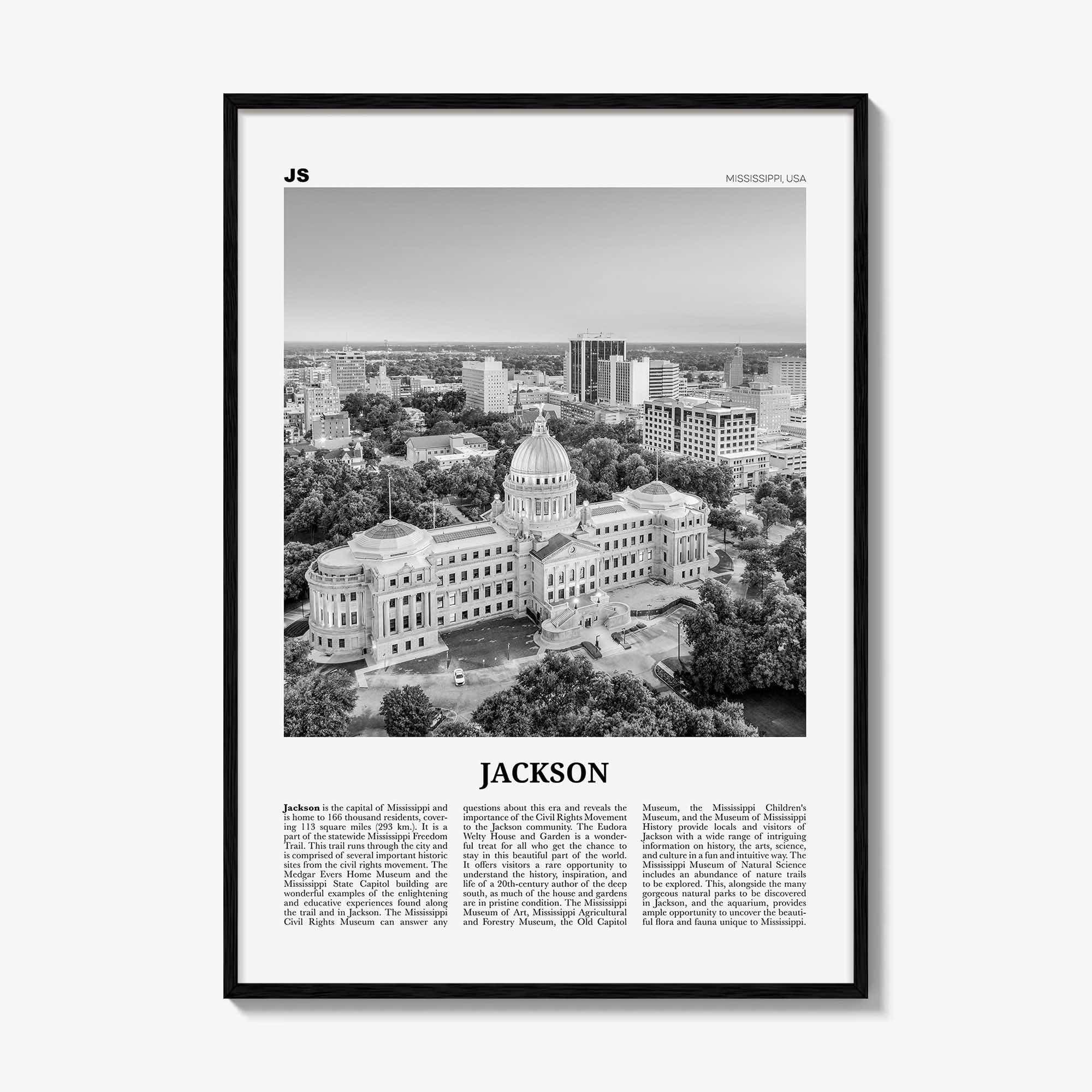 Jackson Print Black and White Mississippi No 1, Jackson Wall Art, Jackson Poster, Jackson Photo, Jackson Map, United States